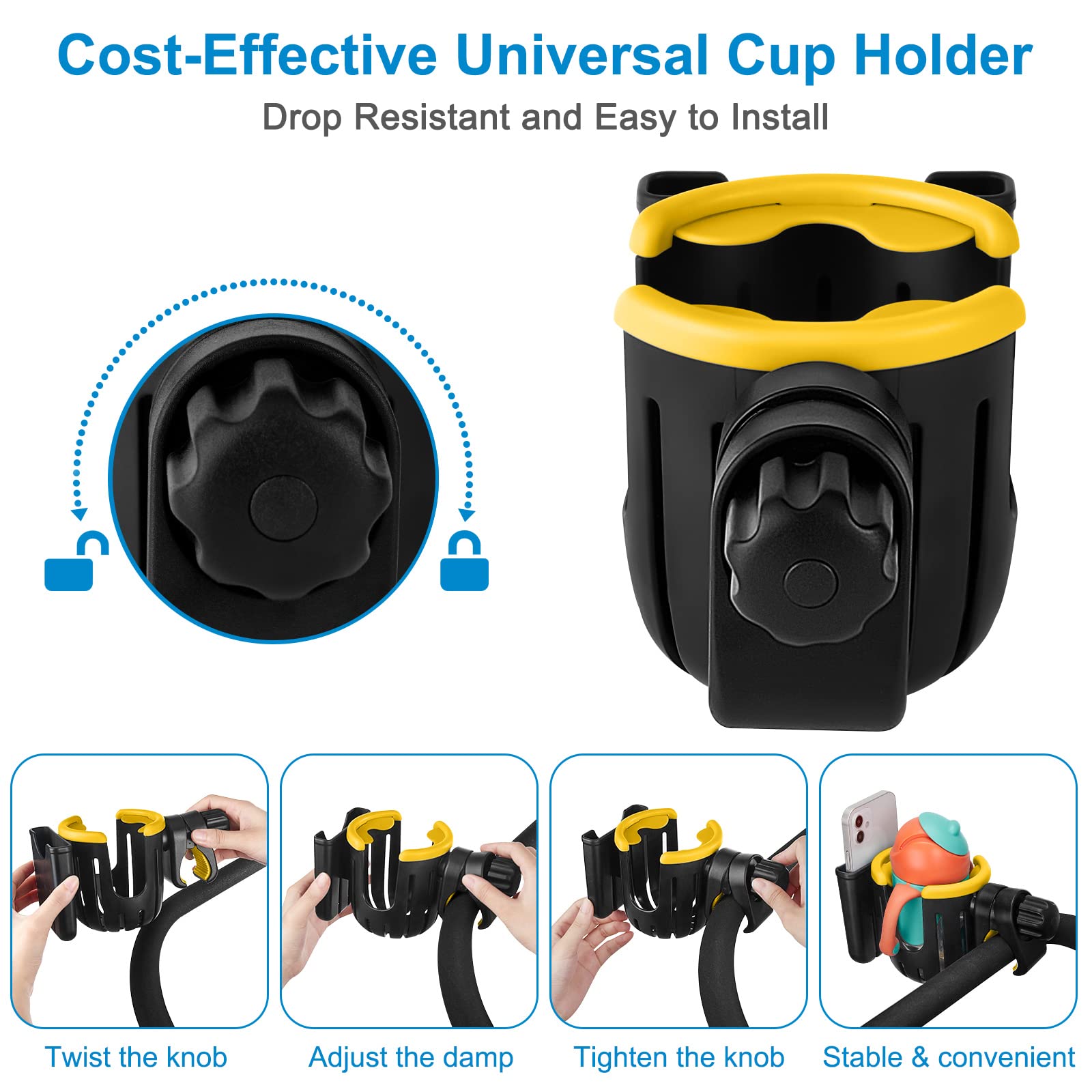 **Accmor Universal 2-in-1 Cup & Phone Holder for Strollers, Bikes, Walkers & Wheelchairs - Black & Yellow - Perfect for Parents, Cyclists & Seniors On-the-Go**