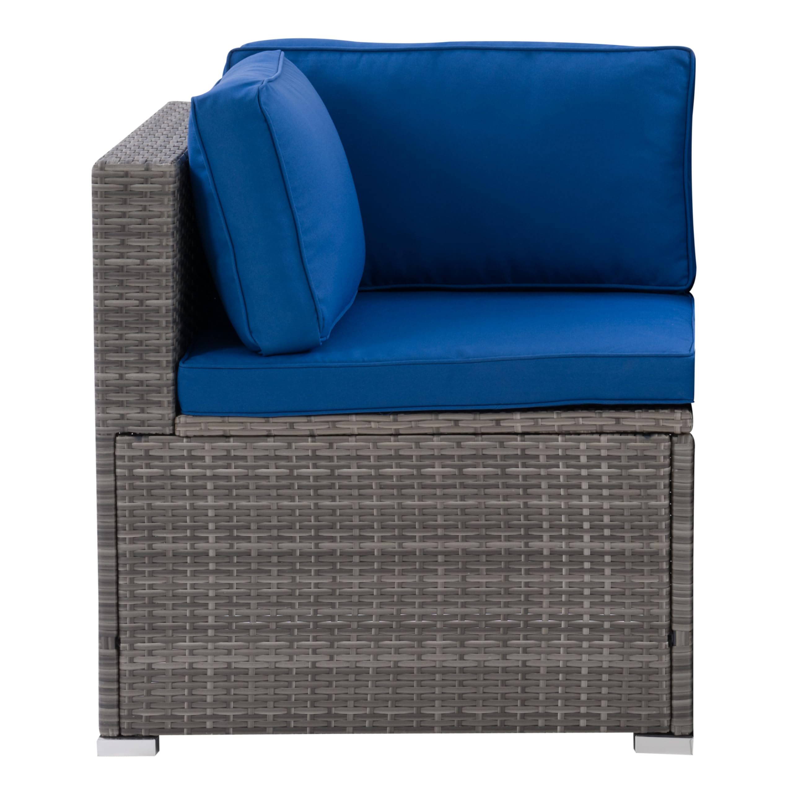 CorLiving Parksville Gray Wicker Rattan Patio Corner Chair with Blue Cushions - Outdoor Furniture for Garden, Porch, Poolside & Backyard Relaxation