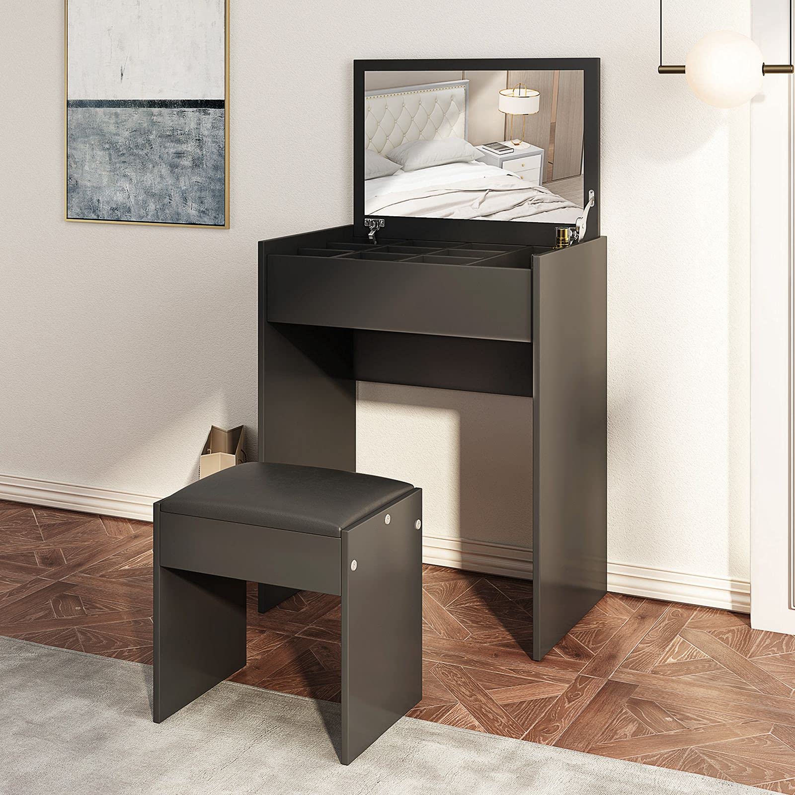 JAXPETY Vanity Makeup Table Set with Flip Top Mirror & Cushioned Stool, Dressing Table with Jewelry Organizers & Storage - Perfect for Girls Bedroom, Beauty Salon & Home Decor (Black)