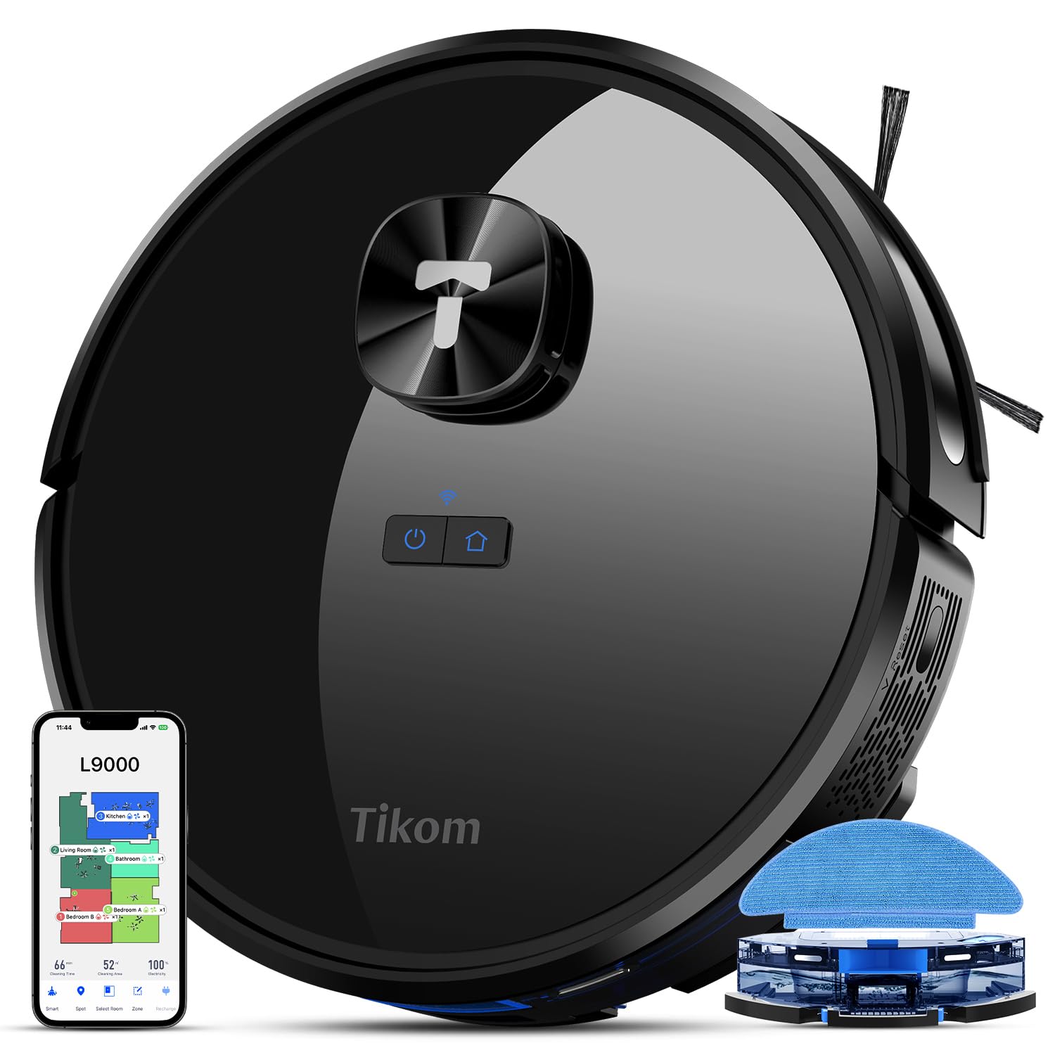 Tikom L9000 Robot Vacuum and Mop Combo with LiDAR Navigation - 4000Pa Strong Suction, 150Min Runtime, Smart Mapping, 14 No-Go Zones - Ideal for Pet Hair, Carpets & Hard Floors (Dark Black) | Perfect for Large Homes, Multi-Surface Cleaning & Busy Families