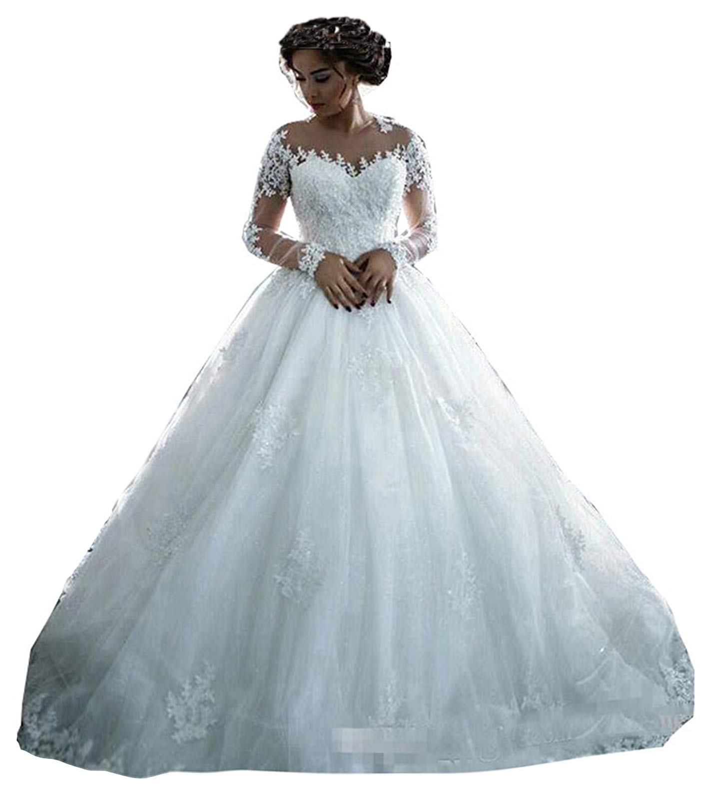 Elegant Long Sleeve Lace Wedding Dress for Women - Ball Gown Bridal Gown in White | Perfect for Church Ceremonies, Formal Weddings & Princess-Style Bridal Looks