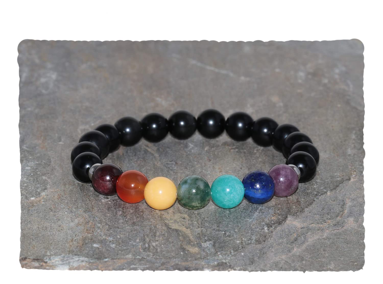 7 Chakra Healing Bracelet with Lepidolite, Lapis Lazuli, Amazonite, Moss Agate, Yellow Jade, Carnelian, Garnet & Obsidian - 8mm Beads for Meditation, Yoga & Spiritual Balance
