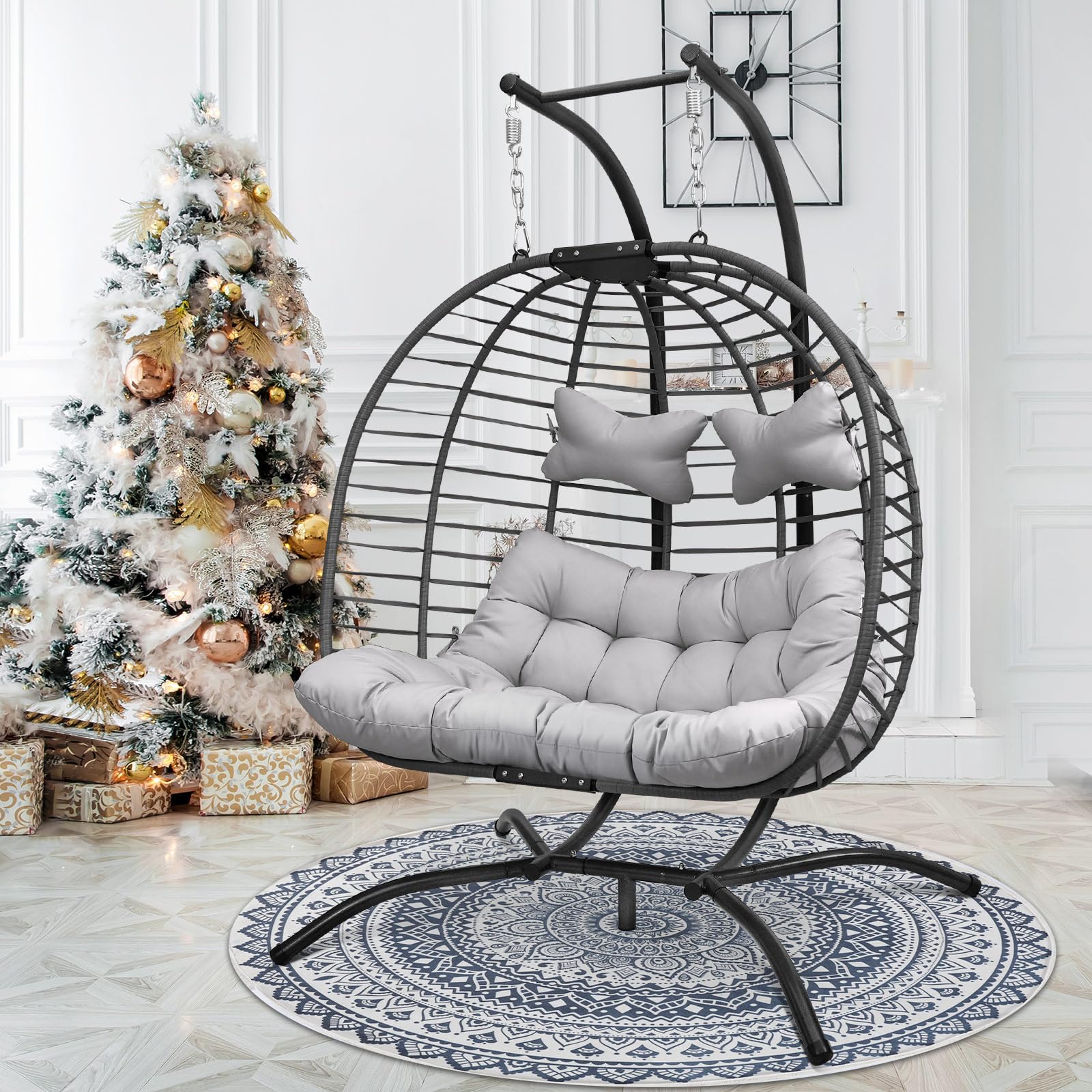 NICESOUL 2-Person Double Egg Chair - Indoor/Outdoor Patio Wicker Hanging Loveseat with Stand, Comfortable Cozy Swing Egg Chair with Double Padded Seats (680lbs Capacity) - Perfect for Backyard, Balcony, Bedroom & Garden Relaxation (Grey)