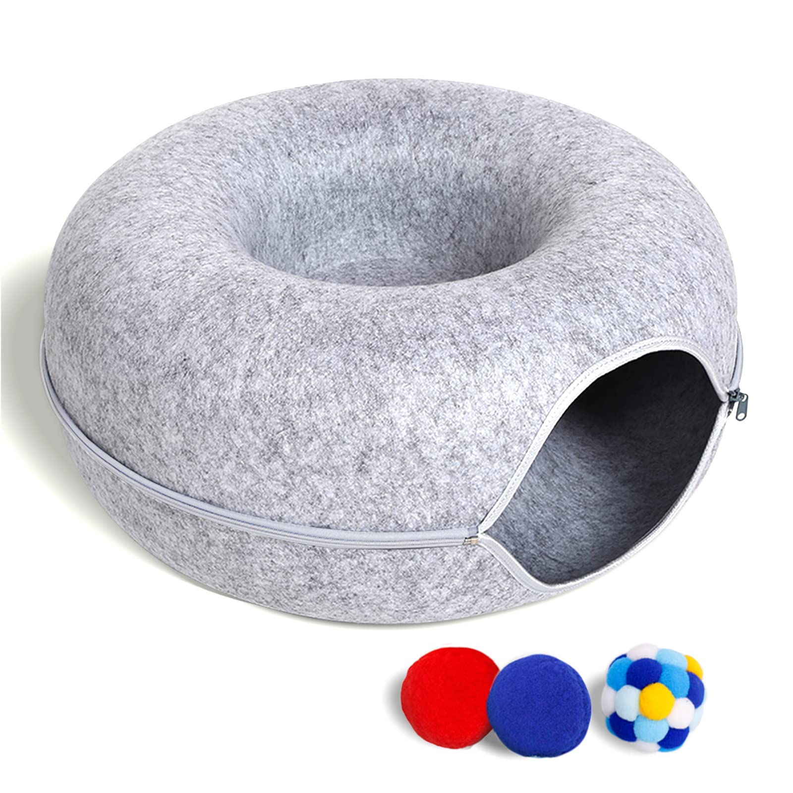 Durable Scratch-Resistant Cat Tunnel Bed with 3 Interactive Toys - Cozy Donut Pet Bed for Indoor Cats up to 9 lbs (Medium 20x20x9, Light Grey) - Perfect for Playtime, Napping & Small Space Cat Comfort