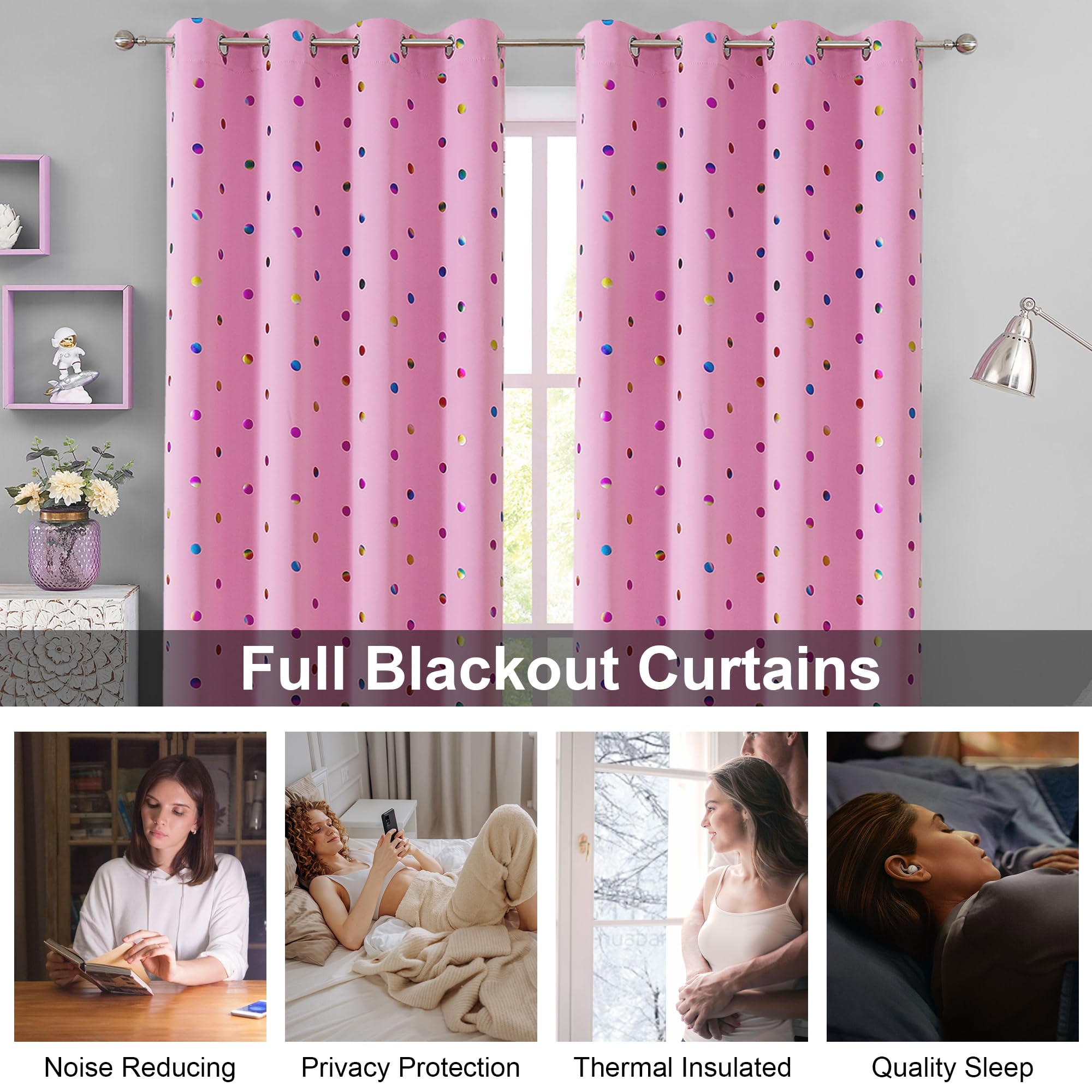 Urban Lotus Metallic Polka Dot Blackout Curtains 52x95 Inch - Thermal Insulated Energy Efficient Window Drapes for Living Room & Girls Bedroom (Pink, 2 Panels) - Perfect for Light Control, Privacy & Home Decor