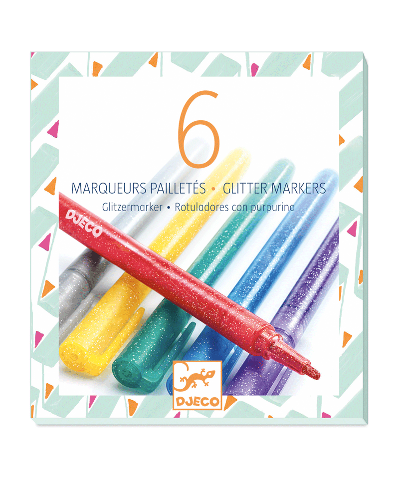 Set of 12 Glitter Marker Pens by Djeco - Vibrant Colors for Kids Art Projects, DIY Crafts & School Supplies