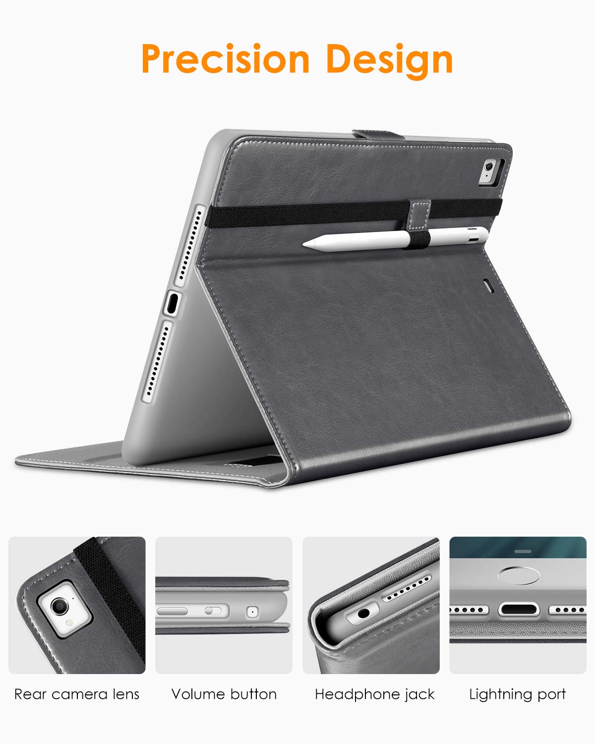 Premium Leather Folio Stand Cover Case for iPad 9.7 Inch (5th/6th Gen 2018/2017) with Apple Pencil Holder - Compatible with iPad Pro 9.7/Air 2/Air - Gray | Perfect for Work, Study & Travel Protection