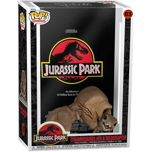 Jurassic Park T-Rex 6 Inch Pop! Vinyl Figure & Velociraptor Pop! Movie Poster Set with Display Case - Perfect for Collectors, Movie Fans, and Home Office Decor
