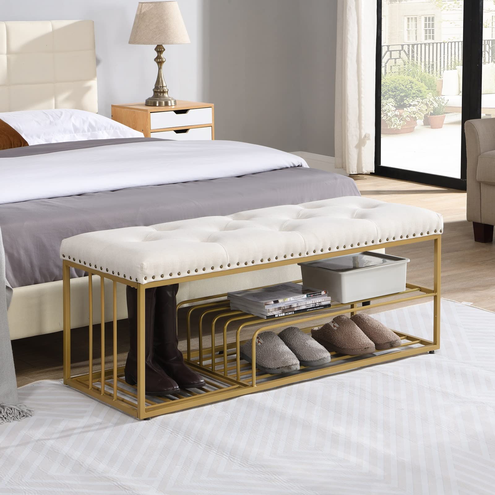 Linen Storage Bench with Tufted Padded Seat - Gold Metal Frame Ottoman Shoe Bench for Entryway, Bedroom, Living Room & Mudroom - Beige Home Decor for Small Space Organization