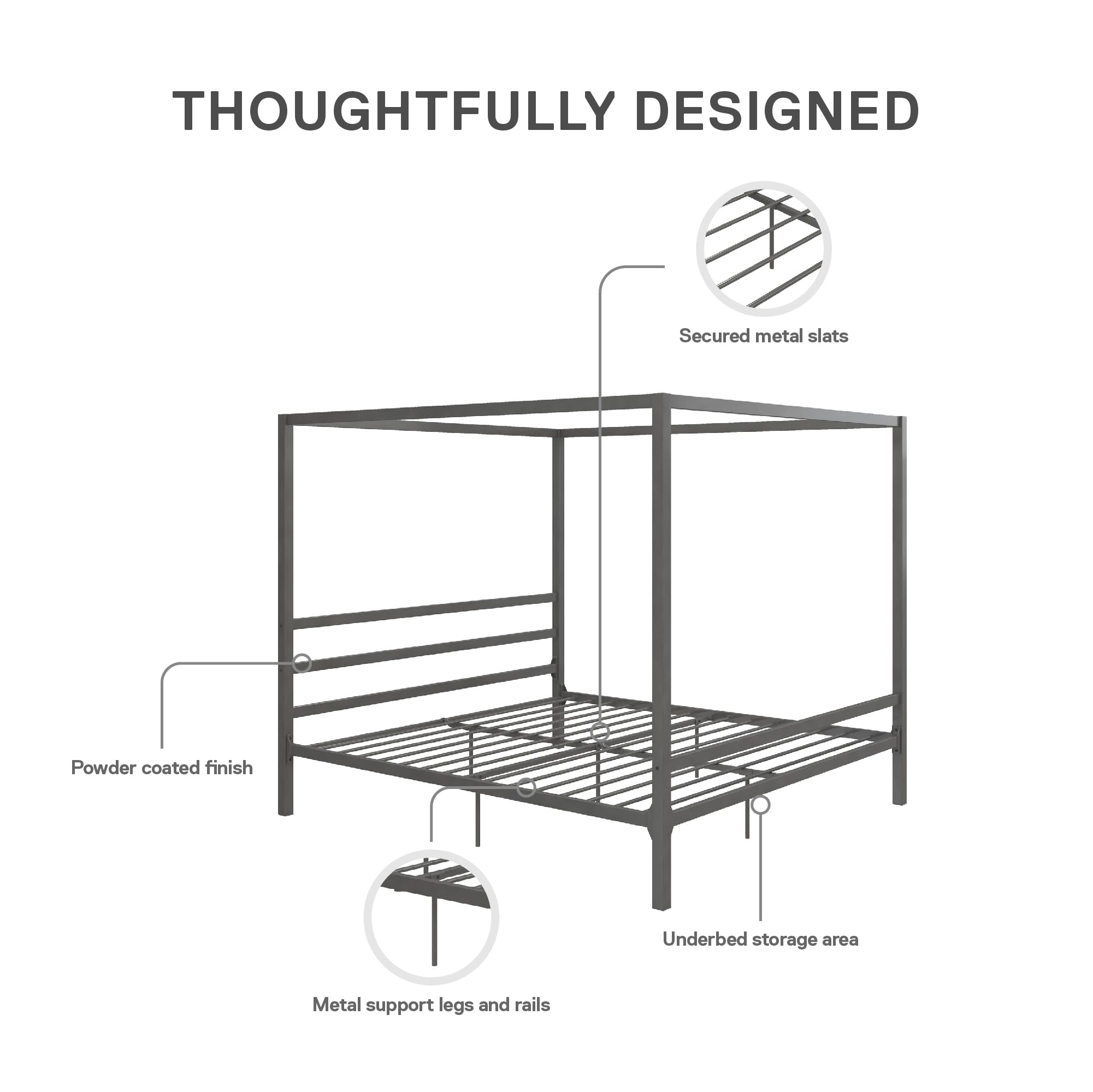 DHP King Metal Canopy Bed Frame - Modern Platform Bed with Built-In Headboard, Sturdy Steel Frame, No Box Spring Needed in Gunmetal Gray - Perfect for Master Bedroom, Guest Room & Modern Home Decor