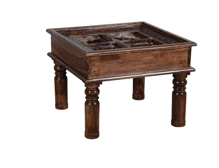 Antique Brass Embossed Solid Wood Indian Side Table - 60x60x45cm Brown - Perfect for Living Room, Bedroom & Home Decor
