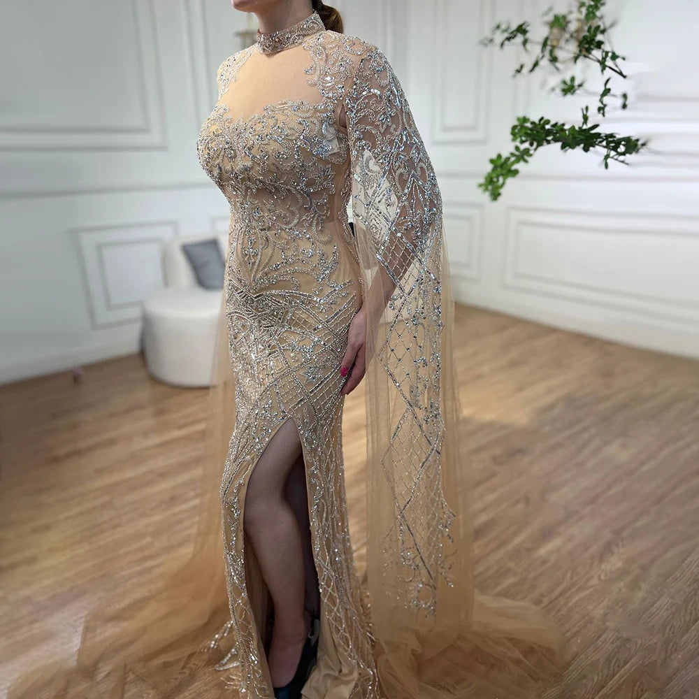 Elegant Beaded Mermaid Evening Gown with High Collar & Cape Sleeves - Luxury Women's Party Dress for Prom, Gala & Formal Events - Serene Hill Collection 2025