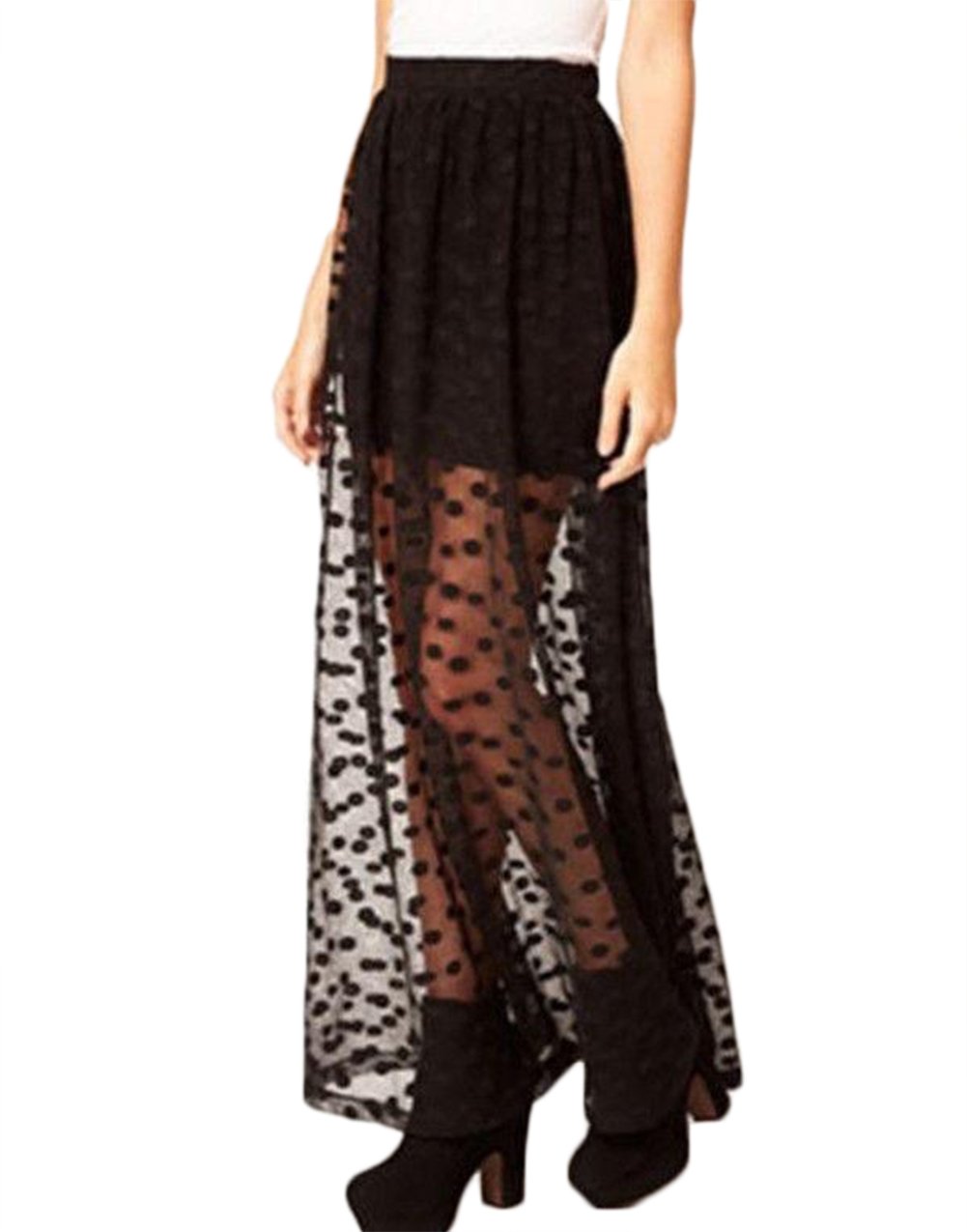 Sexy Lace Mesh Tulle High Waist Long Maxi Skirt with Side Slit - Women's Elegant Sheer Skirt for Party, Date Night & Summer Outfits