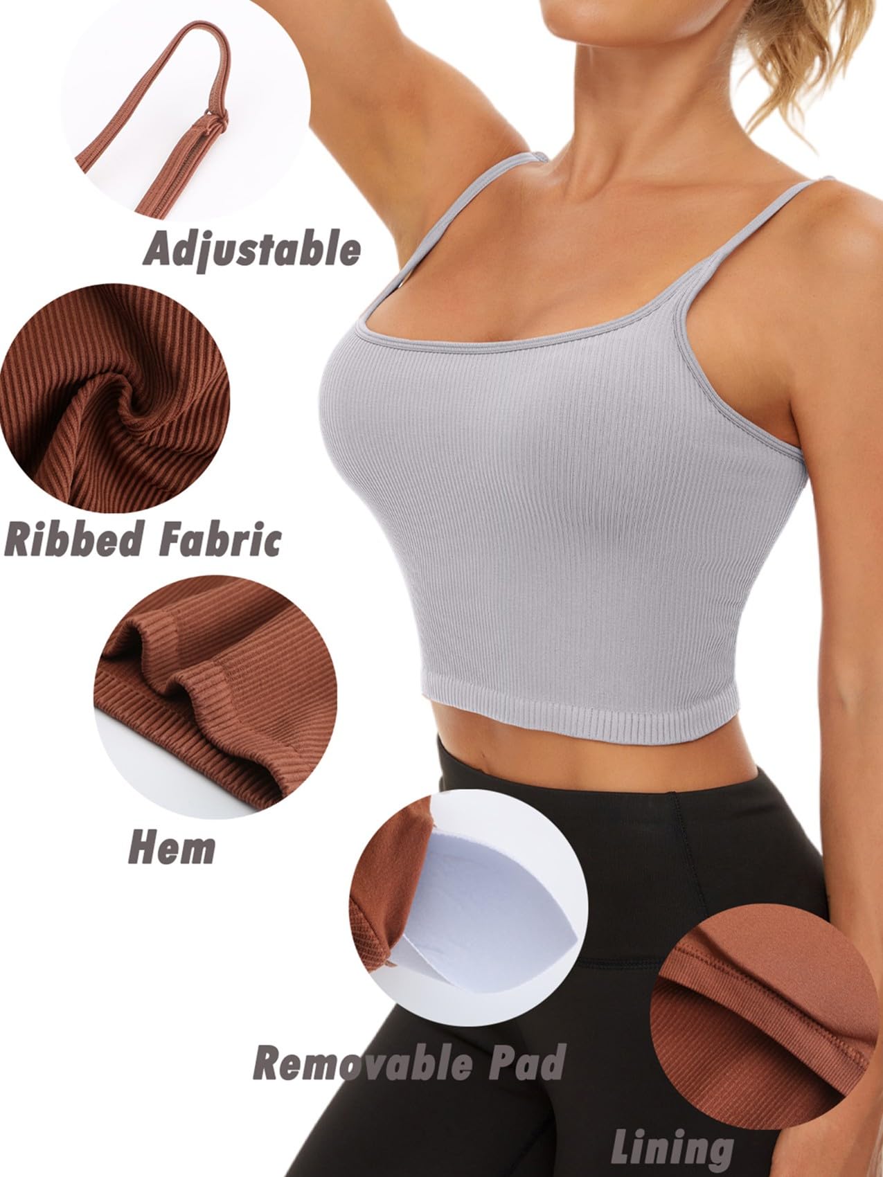Chilylori Seamless Sports Bra & Cropped Tank Top for Women - Adjustable Straps, Ribbed Workout Tops (2 Pack) | Yoga, Gym, Running & Fitness Activities