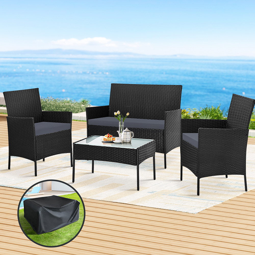 4-Seater Outdoor Patio Sofa Set with Storage Cover, Wicker Table & Chairs in Black - Perfect for Garden, Backyard, and Poolside Relaxation