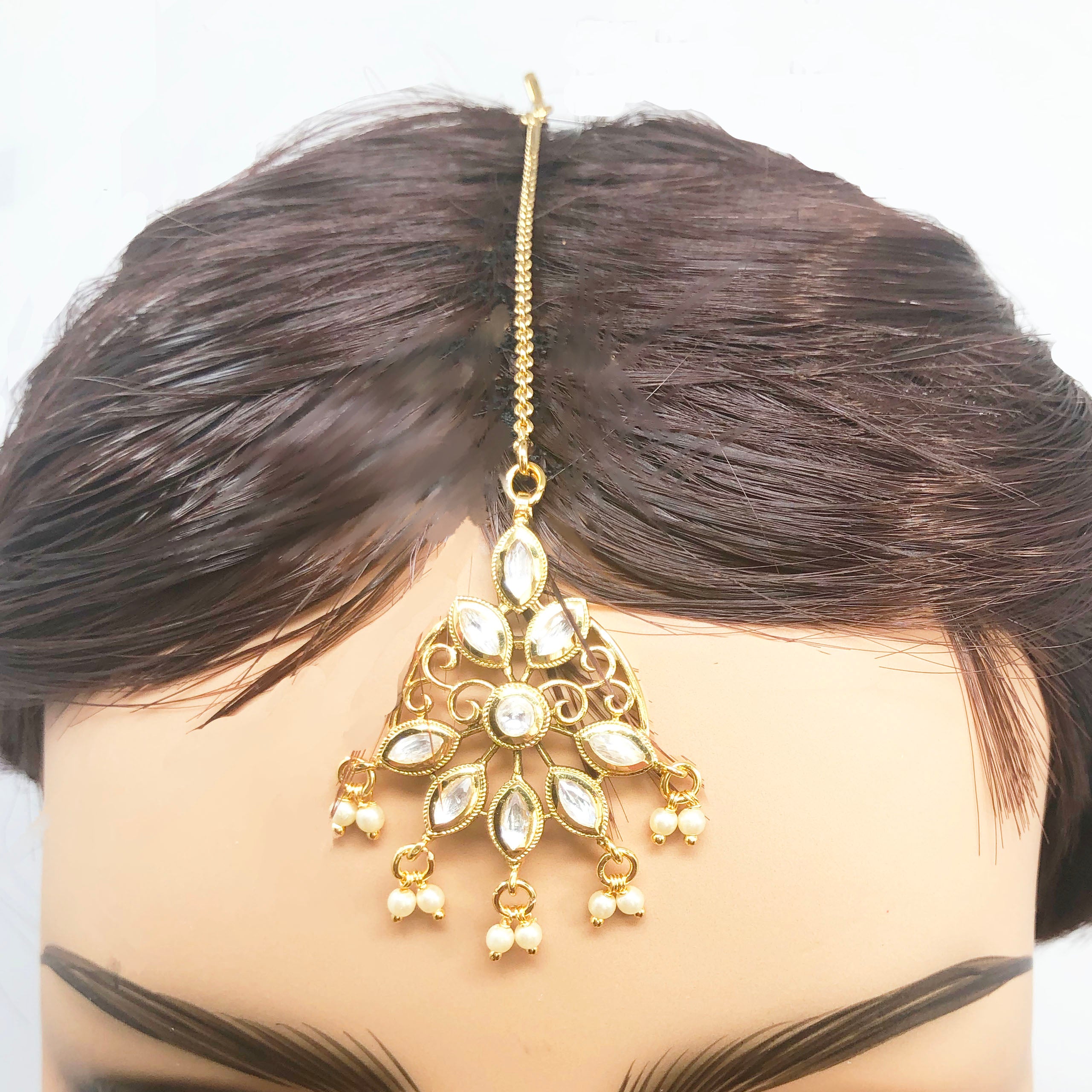 Big Flower Kundan Gold Plated Maang Tika (D2) - Indian Bridal Hair Jewelry for Weddings & Festive Occasions