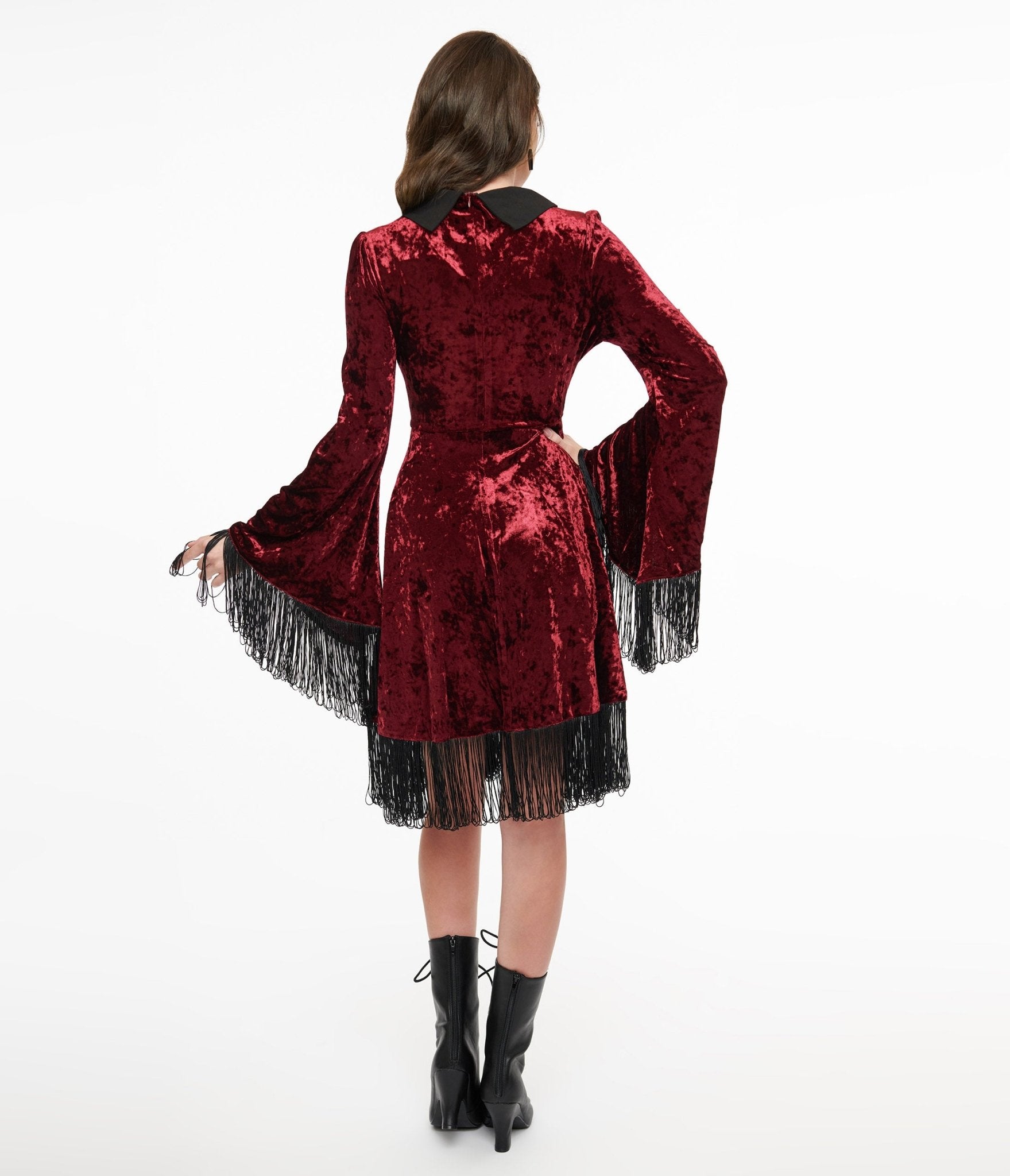 Stylish Red Velvet Fringe Moon Dress with Ghost Print - Perfect for Halloween Parties, Cosplay & Gothic Fashion