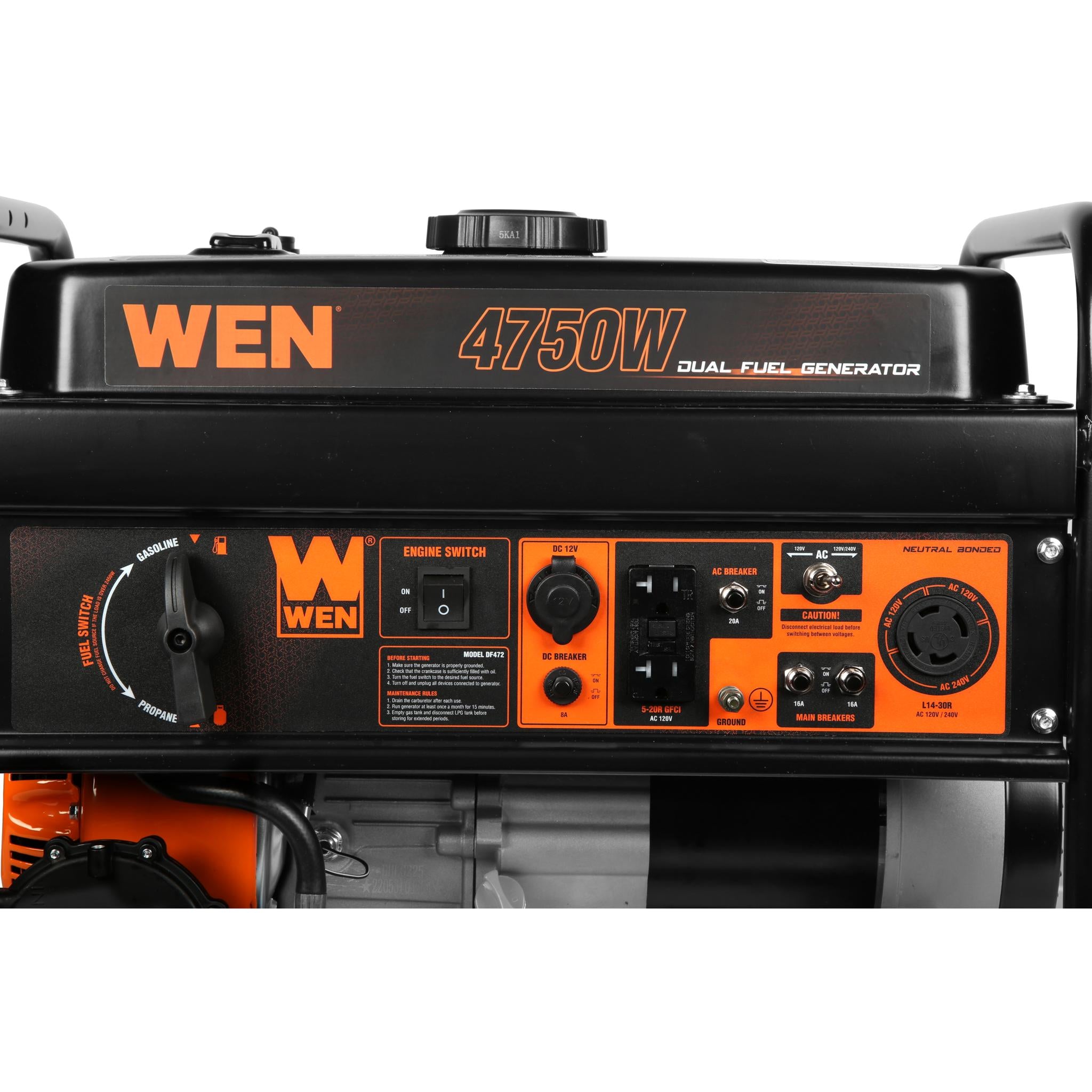WEN DF472 4750W Dual Fuel Portable Generator 120V/240V for Camping, Home Backup & Outdoor Power - Gas & Propane Compatible