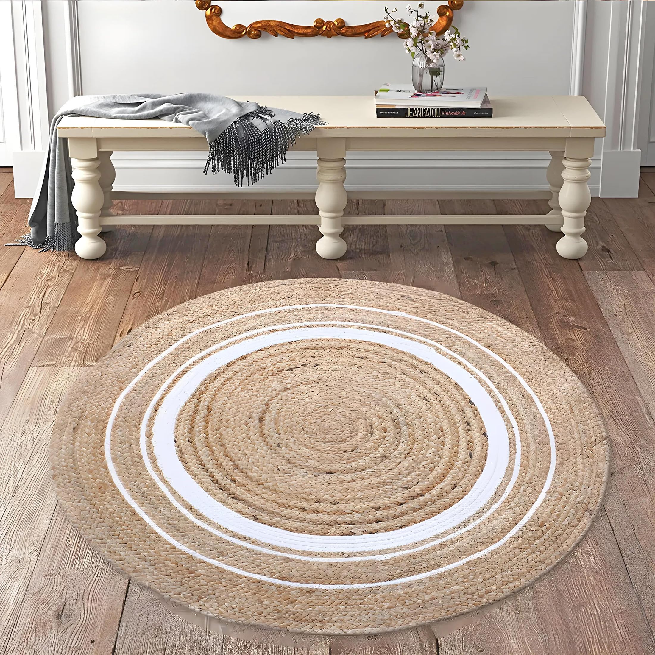 Kuber Industries Hand Woven Braided Jute Round Carpet Rug - 60x60 cm Spiral Design Natural Fiber Doormat for Bedroom, Living Room, Dining Room, Yoga & Meditation - Soft & Durable (White) | Perfect for Boho Home Decor, Entryway Floor Mat, Cozy Interior Accent