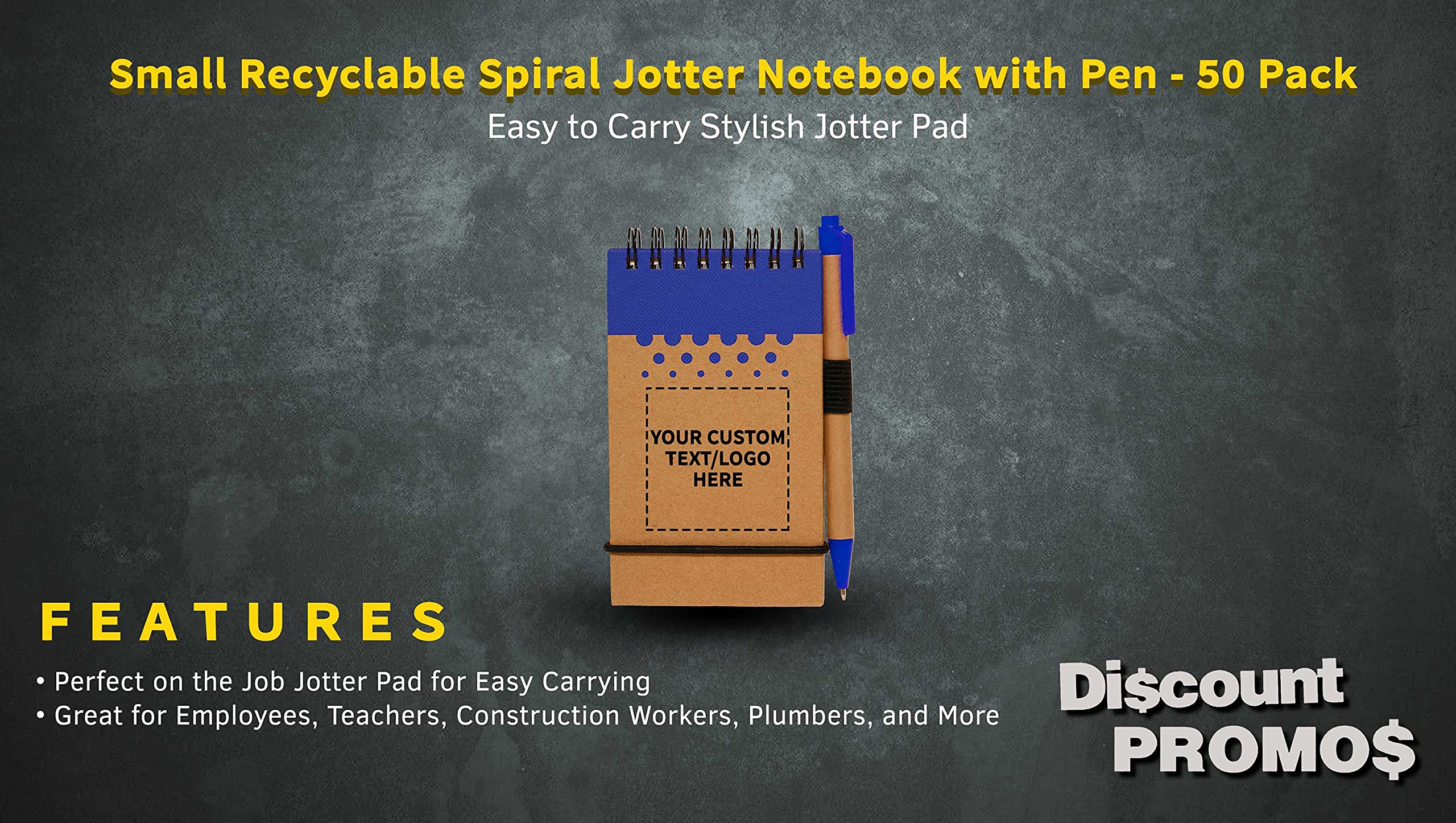 50-Pack Recyclable Spiral Small Notebooks - Customizable Text & Logo - 60 Lined Pages - Blue - Perfect for Office, School & Gifts