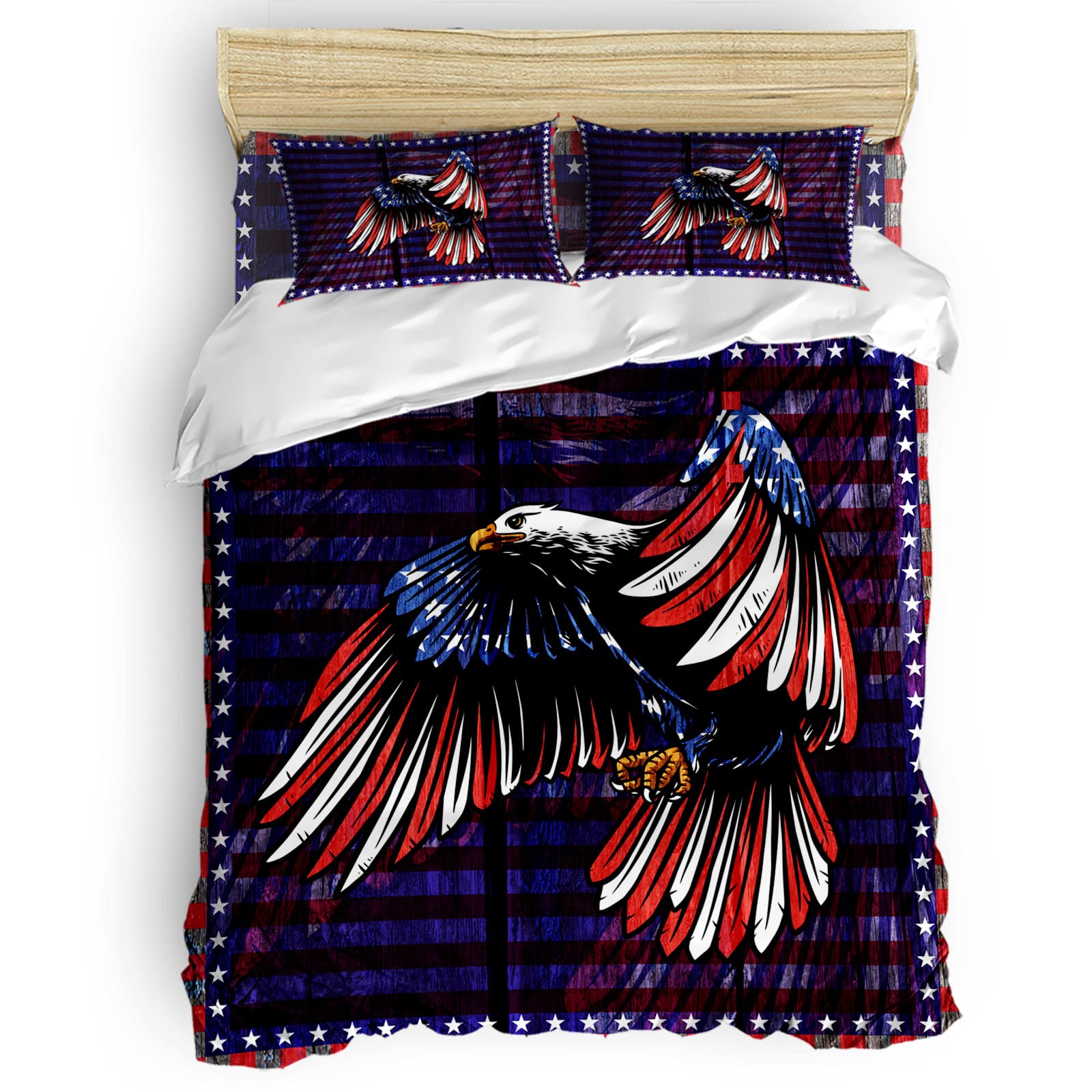 California King Duvet Cover Set - 4 Piece Bald Eagle American Flag Patriotic Vintage Bedding with Comforter Cover, Fitted Sheet & Pillowcases | Perfect for 4th of July, Memorial Day & Patriotic Home Decor