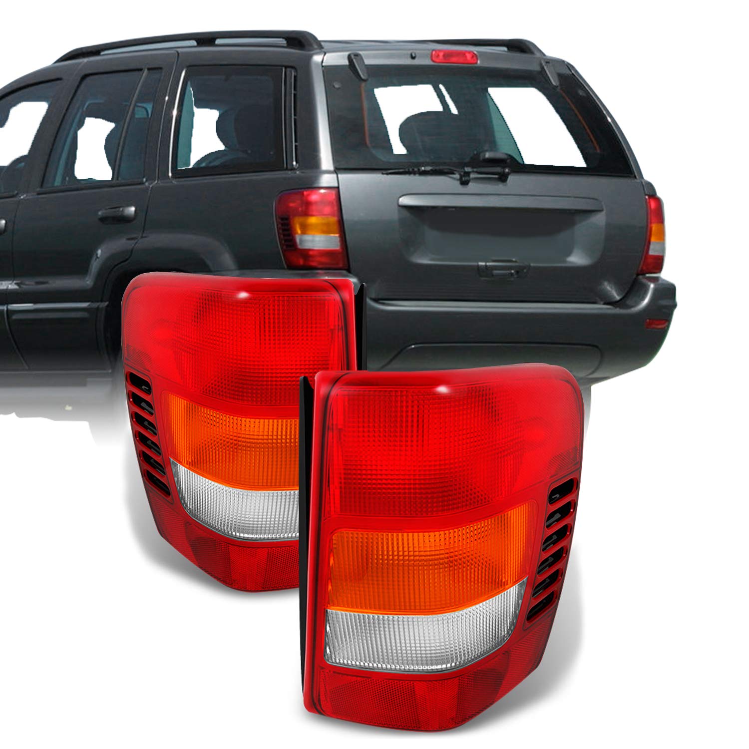 AKKON Red Amber LED Tail Lights Brake Lamps Pair for Jeep Grand Cherokee - Left Driver & Right Passenger Side Replacement - Perfect for Off-Roading, Night Driving & Custom Upgrades
