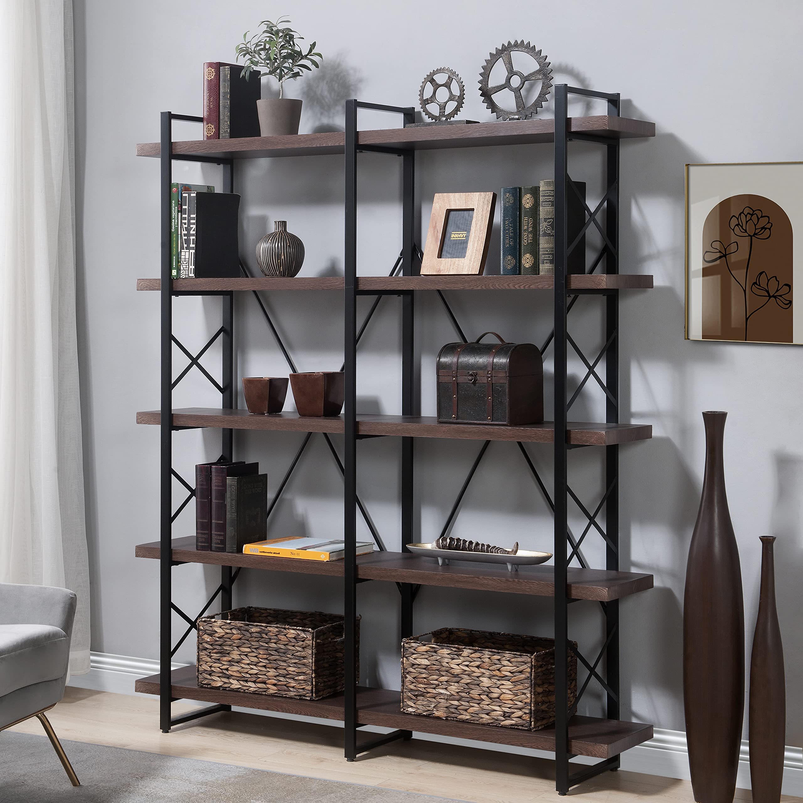 P PURLOVE 5-Tier Industrial Bookshelf - Sturdy Metal Bookcase with X-Design, Multi-Purpose Storage Shelf for Home Office, Living Room & Bedroom Organization - Perfect for Books, Decor & Display