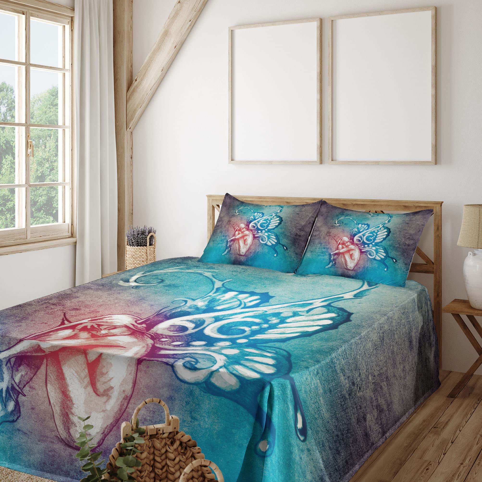 Ambesonne 4-Piece King Butterfly Sheet Set - Blue Purple Floral Design, Fitted & Flat Sheets with Pillowcases | Lightweight Bedding for Women, Home Decor, Master Bedroom, Guest Room