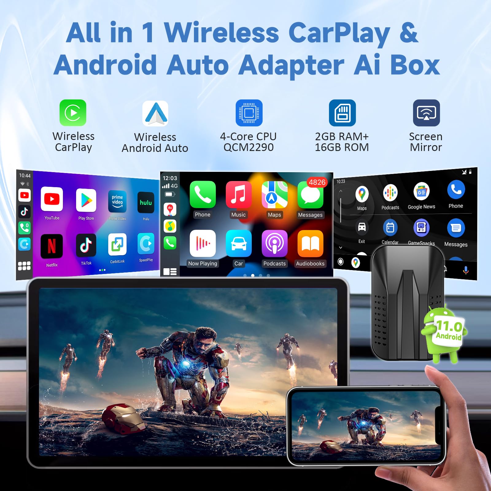 Wireless CarPlay Adapter for iPhone & Android - 5GHz WiFi, TF Card Support, Netflix/YouTube/TikTok Streaming - Seamless Android Auto & Factory Wired CarPlay Upgrade - Perfect for Road Trips, Commuting & In-Car Entertainment