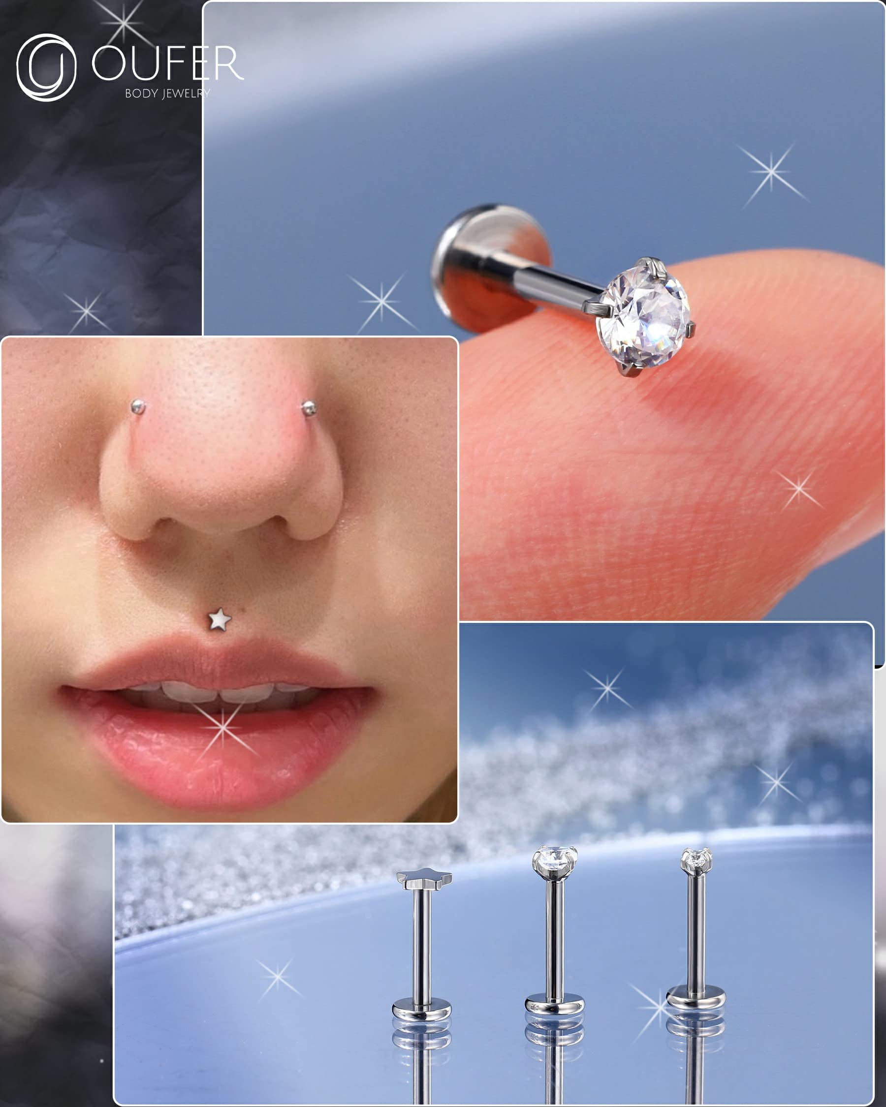 OUFER 3PCS Titanium Flat Back Earrings - Internally Threaded Labret, Tragus, Helix, Conch, Monroe Lip Rings - Hypoallergenic Body Jewelry for Cartilage & Nose Piercings | Perfect for Everyday Wear, Parties & Gifts