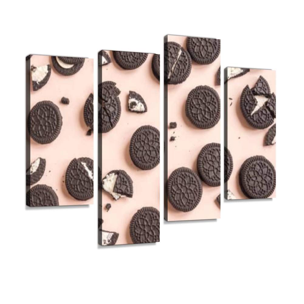 IGOONE 4-Panel Canvas Wall Art - Modern Oreo Chocolate & Cream Cookies Painting - Framed Ready to Hang Home Decor for Living Room, Bedroom & Kitchen