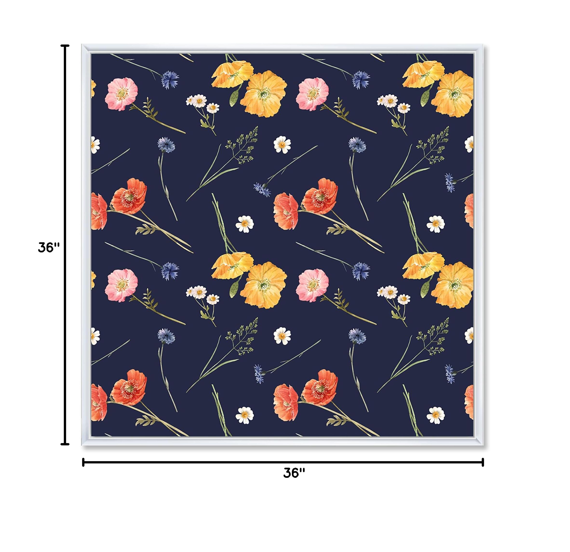 Traditional Framed Canvas Wall Art Print - Orange & Yellow Wild Flowers on Dark Blue Design | Home Decor, Living Room, Bedroom, Office Wall Art