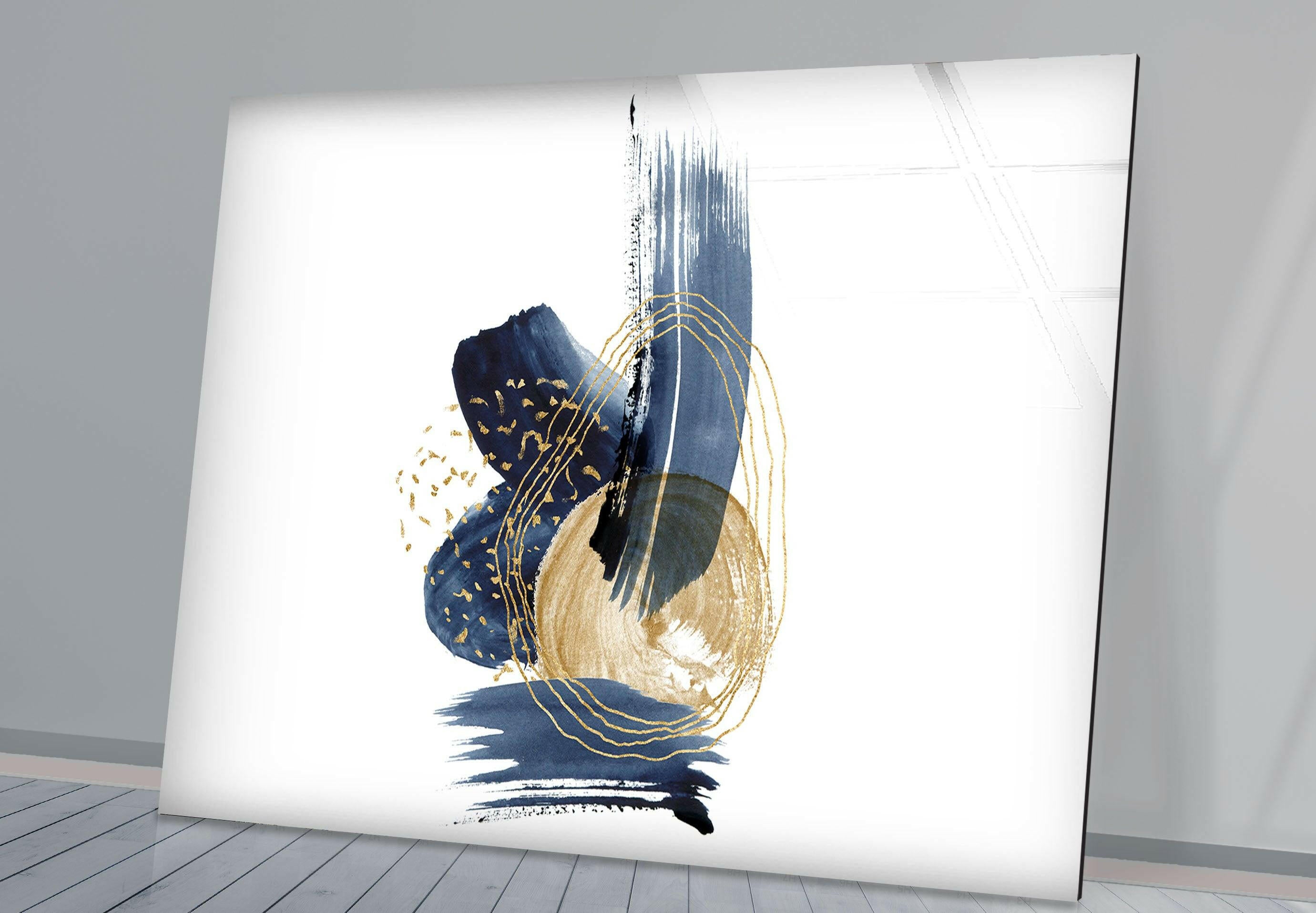 Blue Gold Abstract Painting Glass Wall Art - Modern Home Decor for Living Room, Bedroom & Office - Handmade Glass Wall Hanging for Unique Interior Design