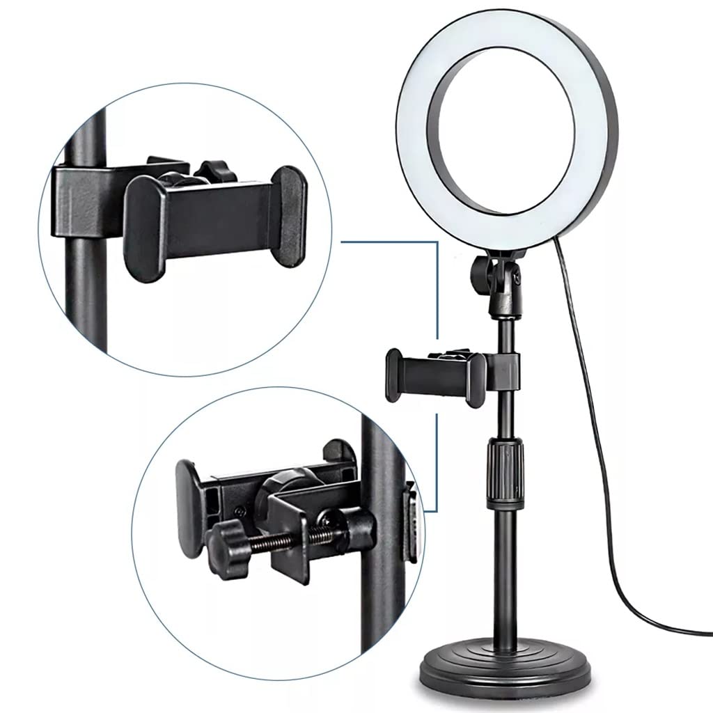 Professional LED Ring Light with Phone Holder & Tripod - 16cm/5600K Dimmable USB Desktop Light for Selfie, Live Streaming, YouTube Videos, TikTok, Zoom Calls & Photography (Adjustable Brightness, Dual Phone Holder Option)
