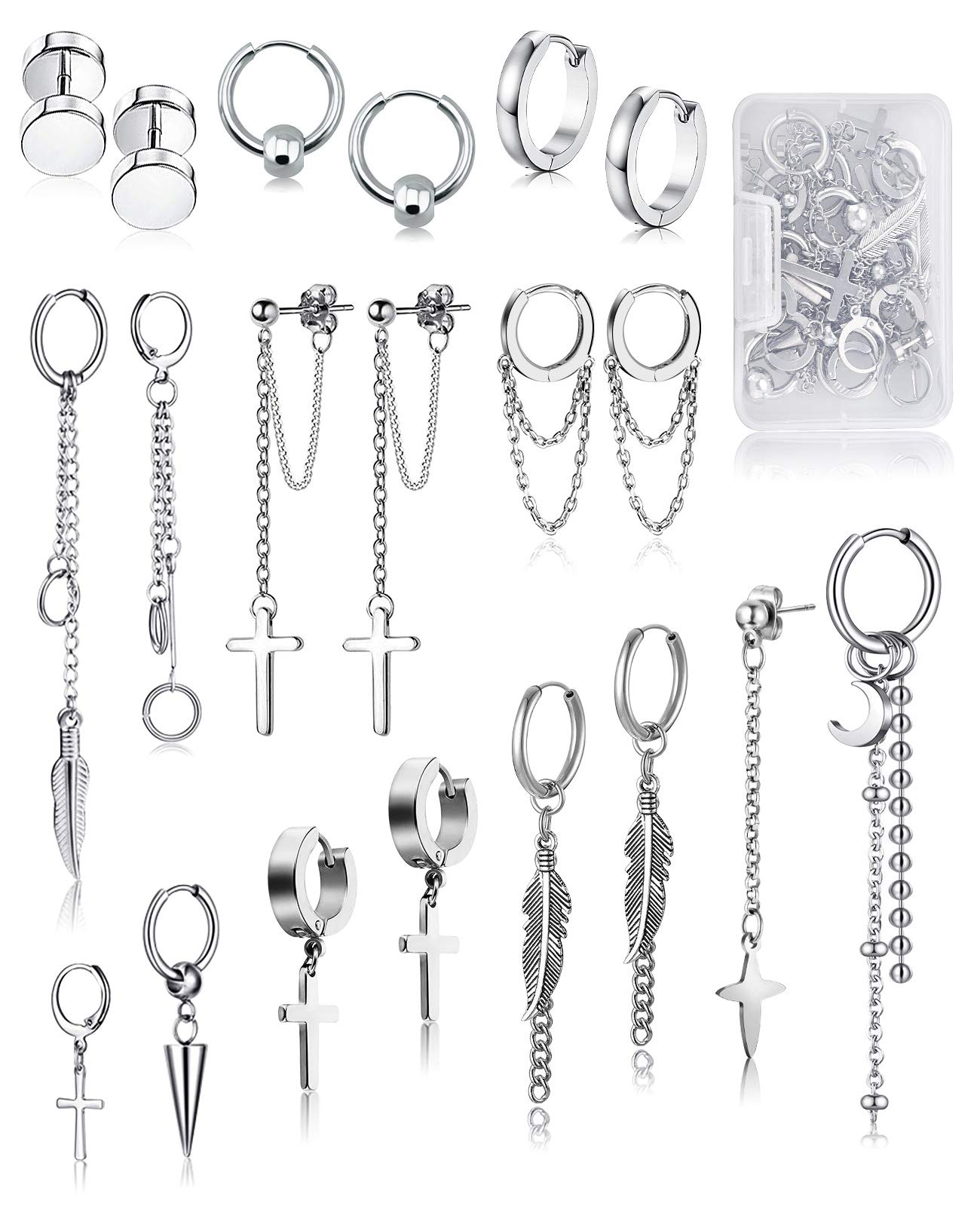 FIFATA 20 Pack Stainless Steel Men's Earrings Set - Black Chain Hoop, Cross, Moon & Star Dangle Earrings for Men & Women | Trendy Body Jewelry for Parties, Gifts & Everyday Wear