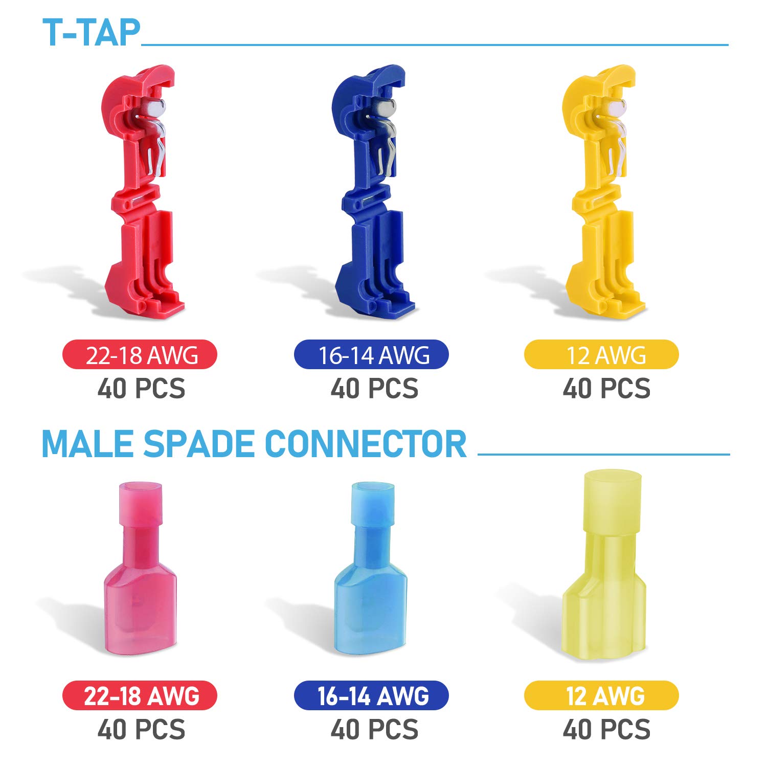 TICONN 240Pcs T Tap Wire Connectors - Quick Splice Electrical Terminals for Automotive, Marine & Home Wiring - Includes Convenient Storage Case (240Pcs) - Perfect for DIY Electrical Projects, Car Audio Installations & Boat Wiring
