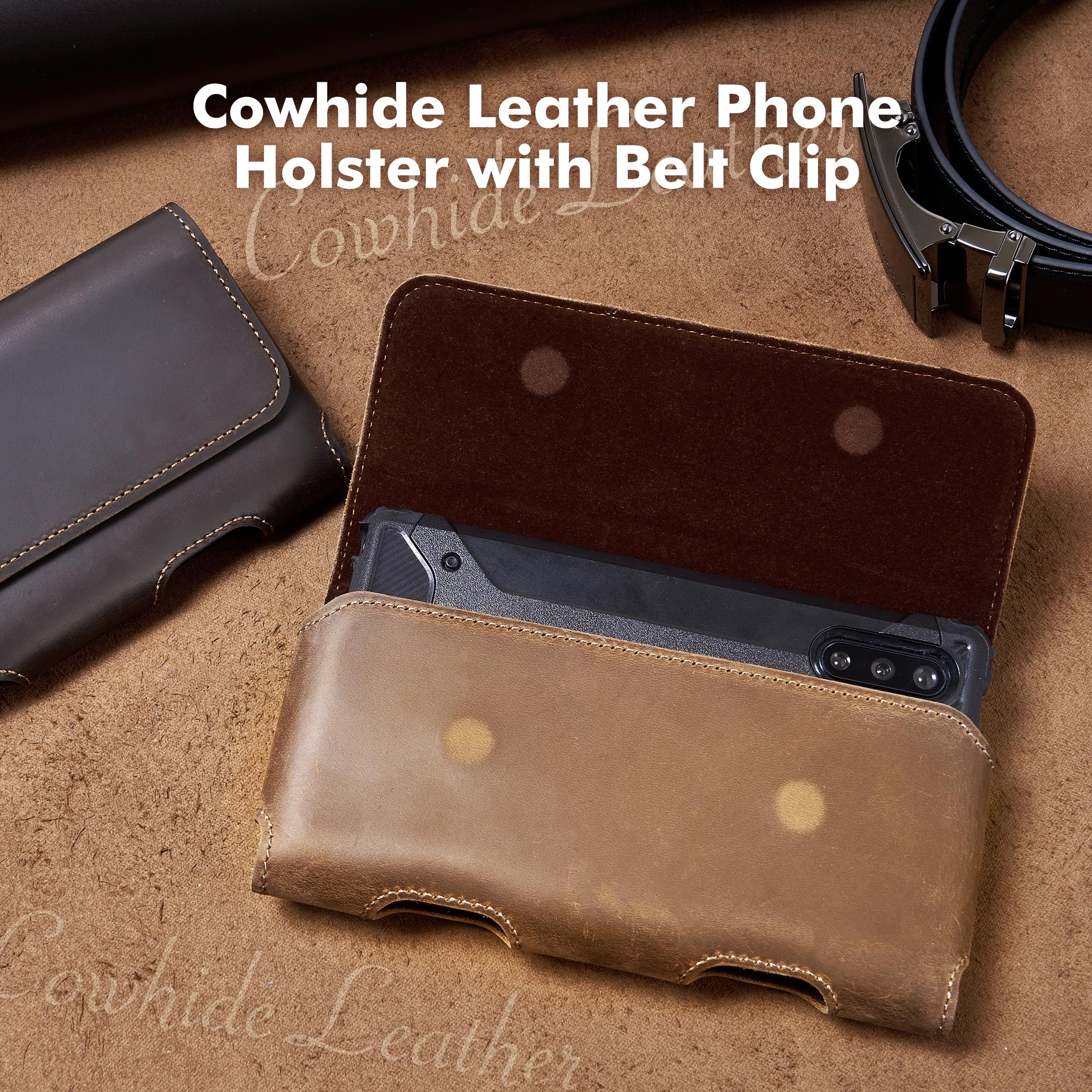 Premium Genuine Cowhide Leather Phone Holster for Samsung Galaxy S24 Ultra/S23 Ultra/Note20 Ultra - Universal XL Belt Clip Pouch Fits 6.5