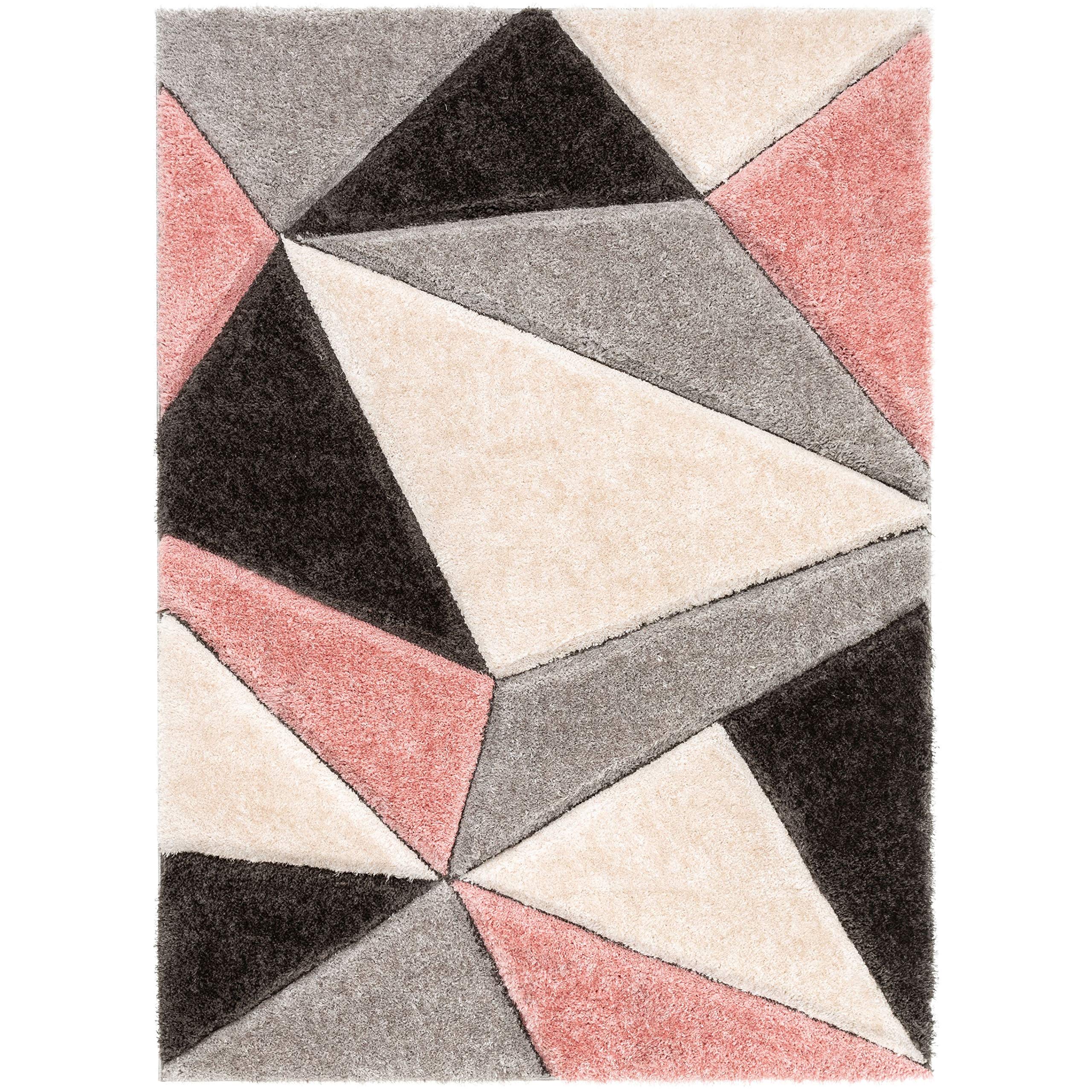 Well Woven Walker Pink Triangle Boxes Thick Soft Plush 3D Textured Shag Area Rug 5'3