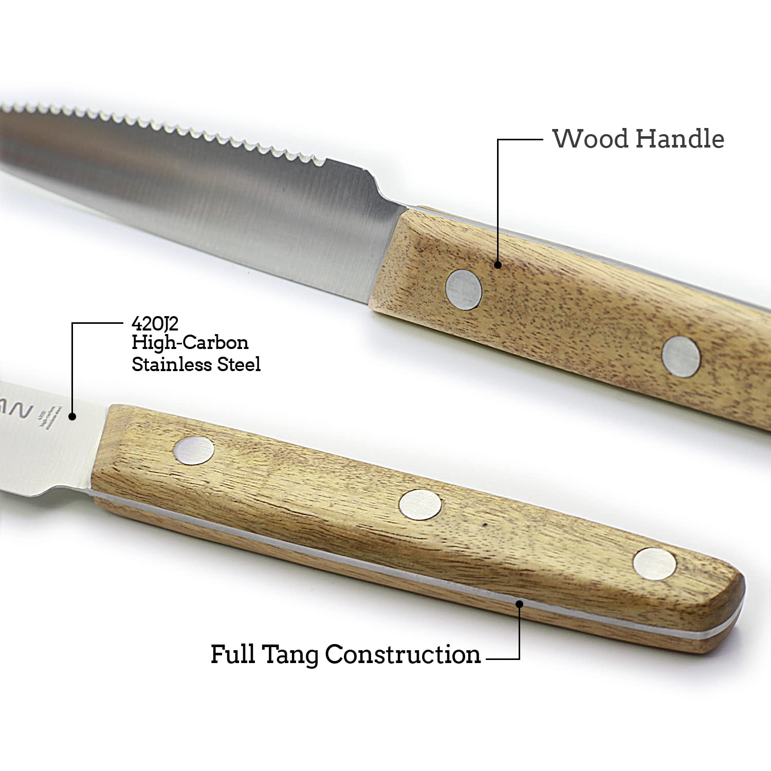 Premium 6-Piece Steak Knife Set - Stainless Steel Serrated Blades with Natural Wood Handle - Perfect for Steak Dinners, BBQ Parties & Fine Dining Experience