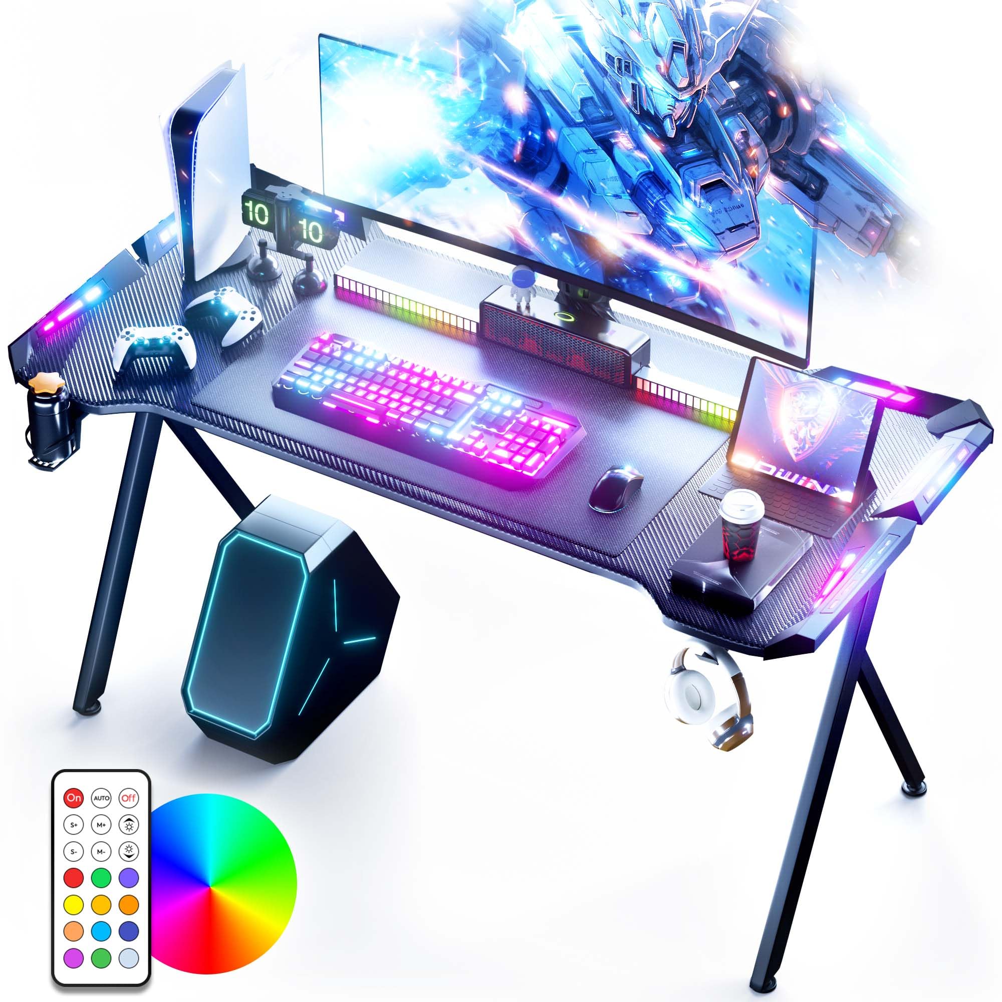 Dowinx RGB Gaming Desk with LED Lights & Carbon Fiber Surface - 55