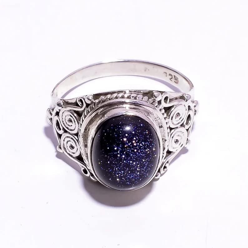 Blue Sandstone Ring for Women - 925 Sterling Silver Plated Oval Boho Jewelry with Sun Sitara Design | Handmade Bright Blue Sunstone Ring for Party Wear & Everyday Elegance | Perfect Gift for Birthdays, Anniversaries & Special Occasions