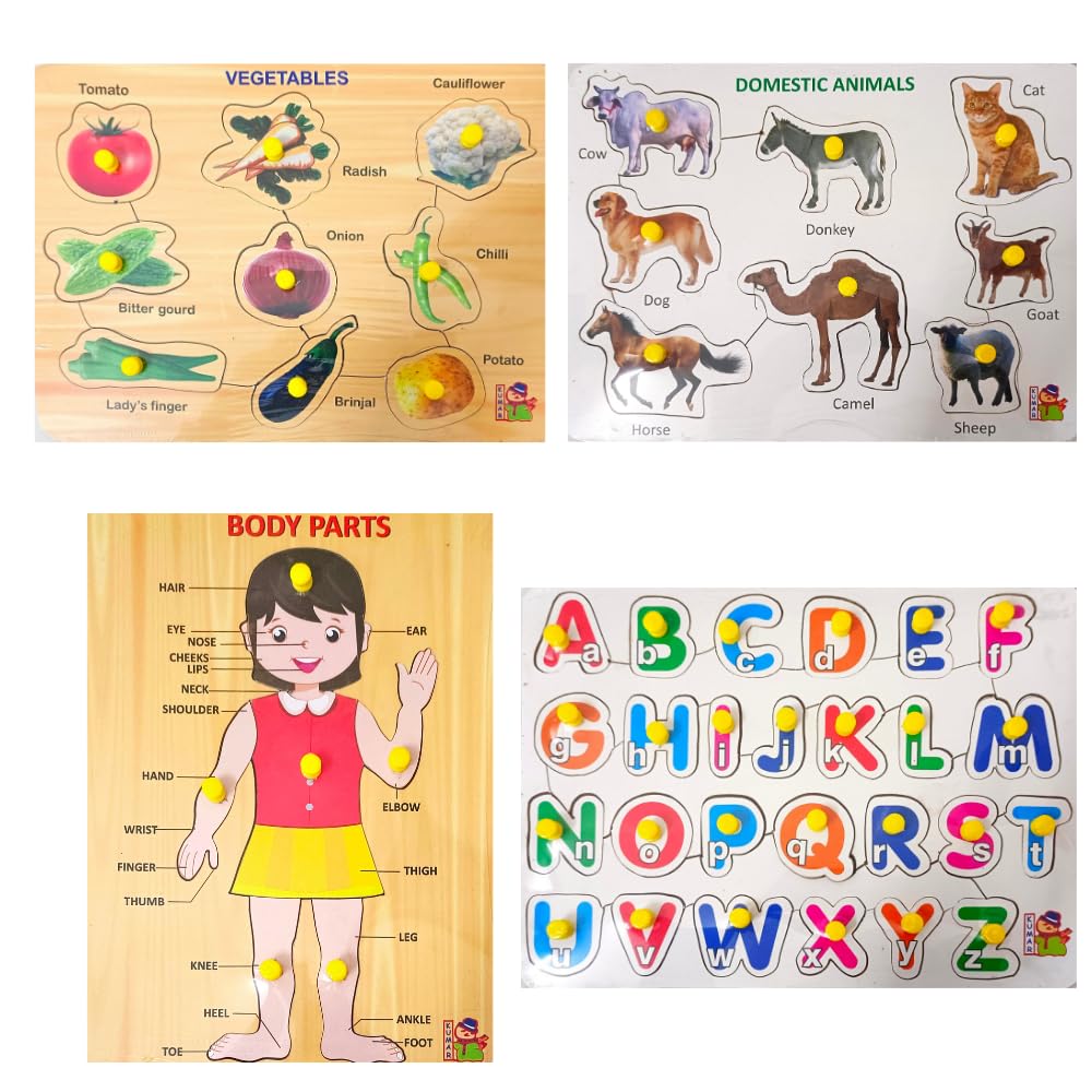 4-Piece Wooden Learning Puzzle Set for Kids & Adults - Educational Toys for Toddlers 3+ (Body Parts, Vegetables, ABCD, Domestic Animals) - Perfect for Homeschooling, Montessori, and Family Game Night