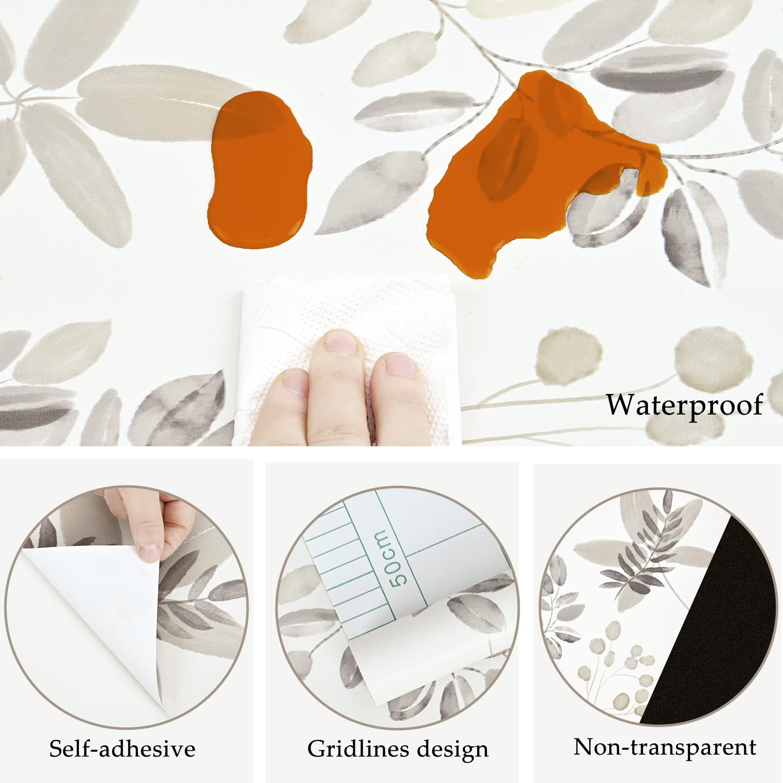 Caltero Beige Floral Peel and Stick Wallpaper - 17.3''×98.4Ft Removable Olive Eucalyptus Leaves Contact Paper for Cabinets, Walls & Furniture | Self-Adhesive Wall Liner for Kitchen, Bedroom, Office & Home Decor