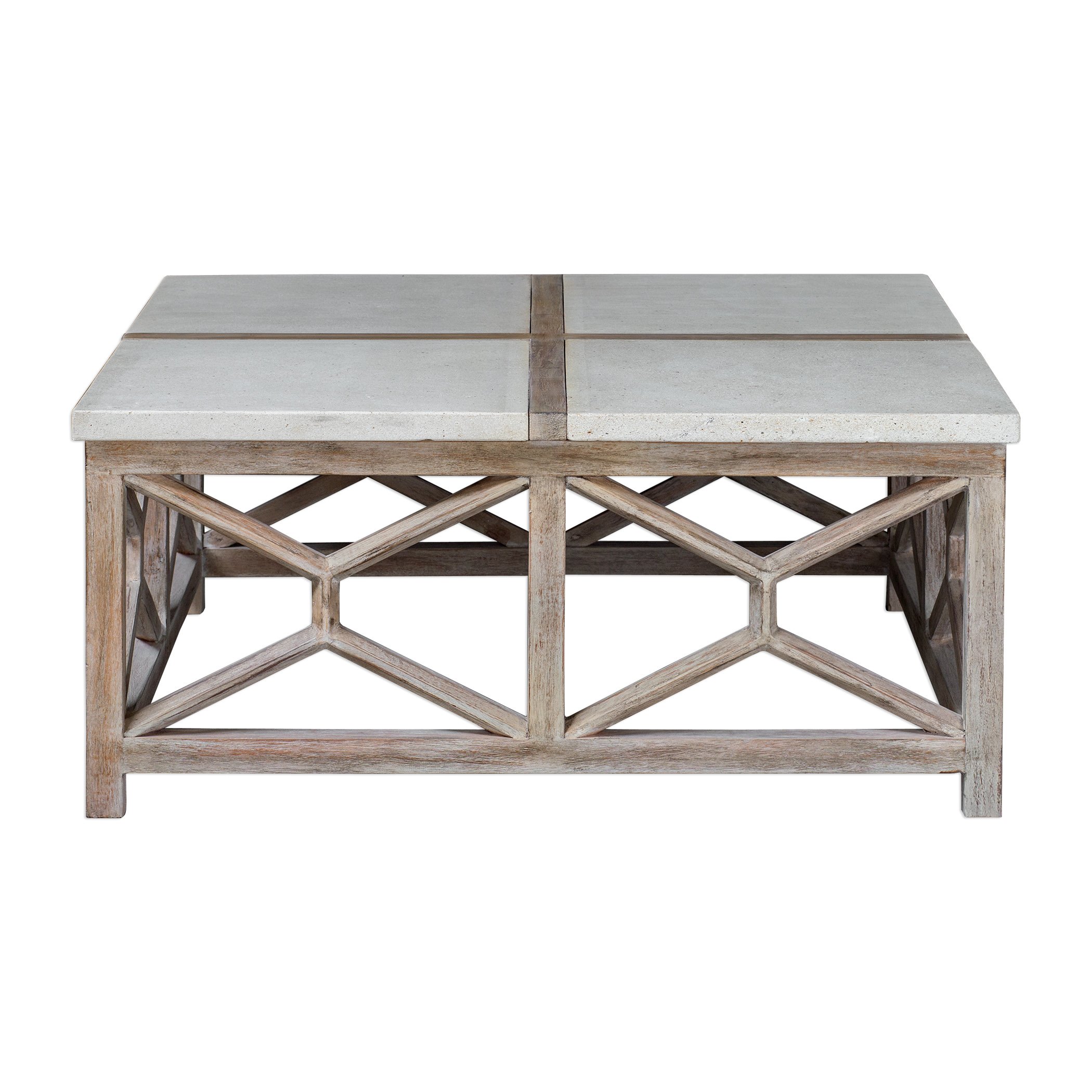 MY SWANKY HOME Light Weathered Wood Coffee Table with Stone Top - Natural Minimalist Square Design for Living Room, Lounge & Modern Home Decor