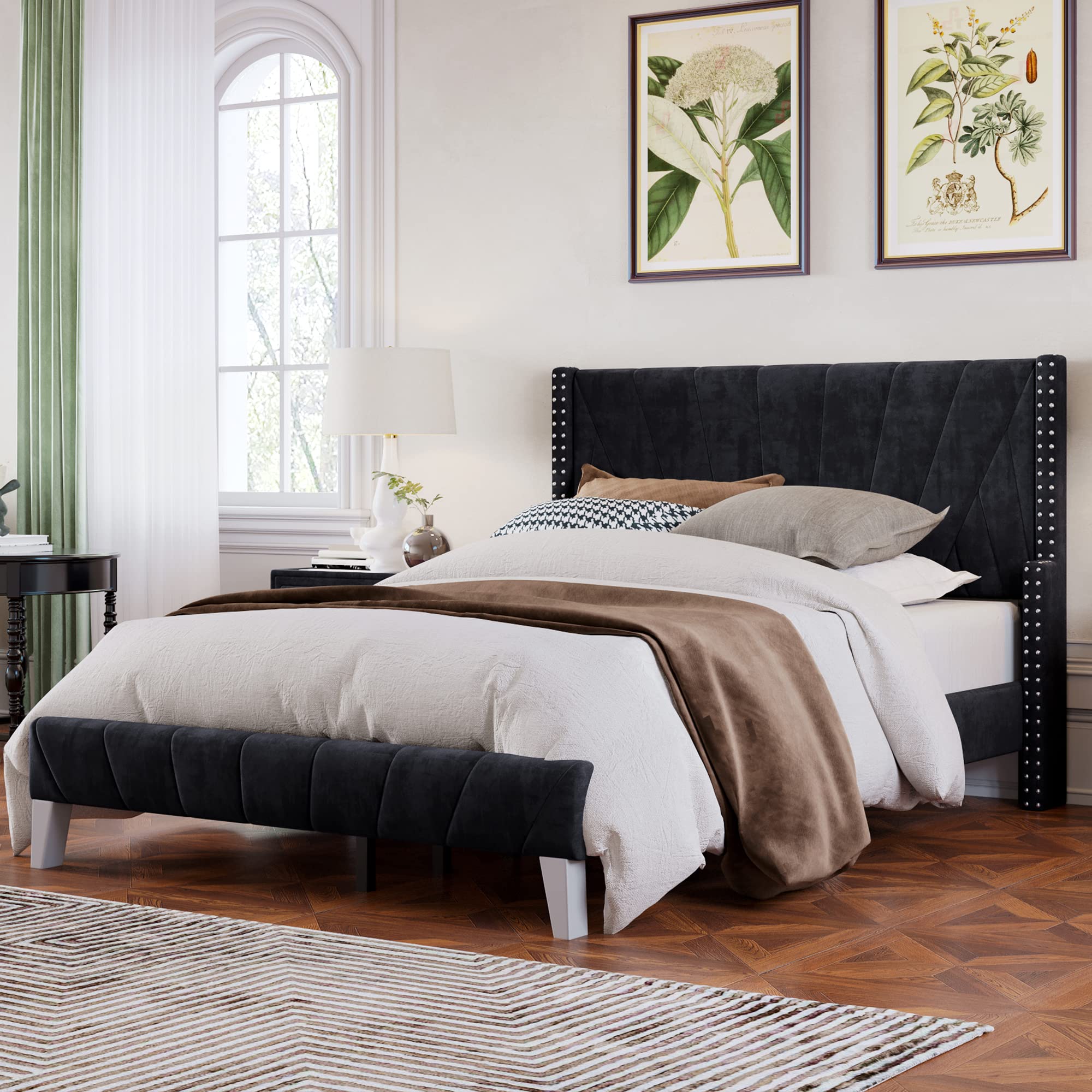 Harper & Bright Designs Full Size Velvet Upholstered Platform Bed Frame with Channel Tufting & Nailhead Trim - Wooden Slat Support & Tufted Headboard - Black - Luxurious Bedroom Furniture for Modern Home Decor