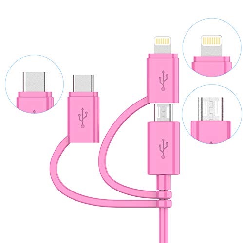 Apple MFi Certified 3-in-1 Charging Cable - 6FT Pink Lightning/Type C/Micro USB Cable for iPhone 14/13/12, iPad, Samsung Galaxy, Huawei, Android Phones | Fast Charging & Data Sync | Perfect for Home, Office & Travel