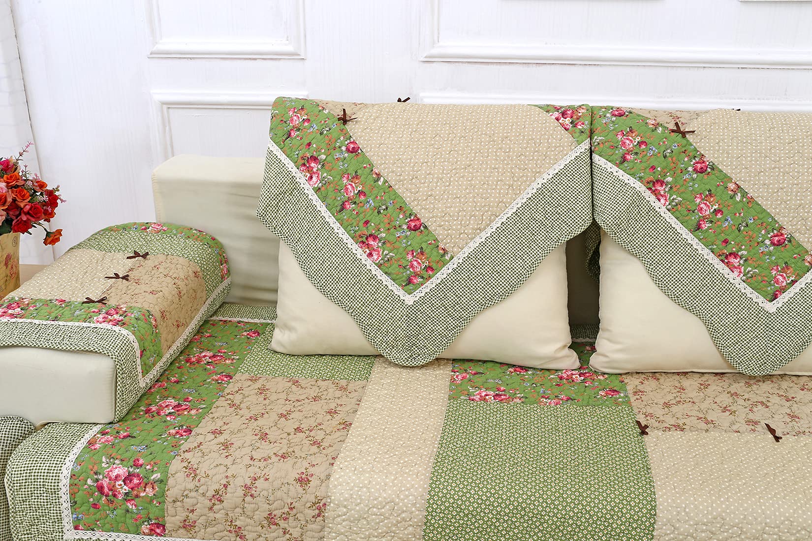 VCTOPS Bohemian Cotton Quilted Sectional Sofa Cover with Lace Trim - Floral Plaid Patchwork Couch Protector, Non-Slip & Ultra Soft Slipcover for Pets & Kids (Green, 36x36 Inches) - Perfect for Living Room, Bedroom & Home Decor