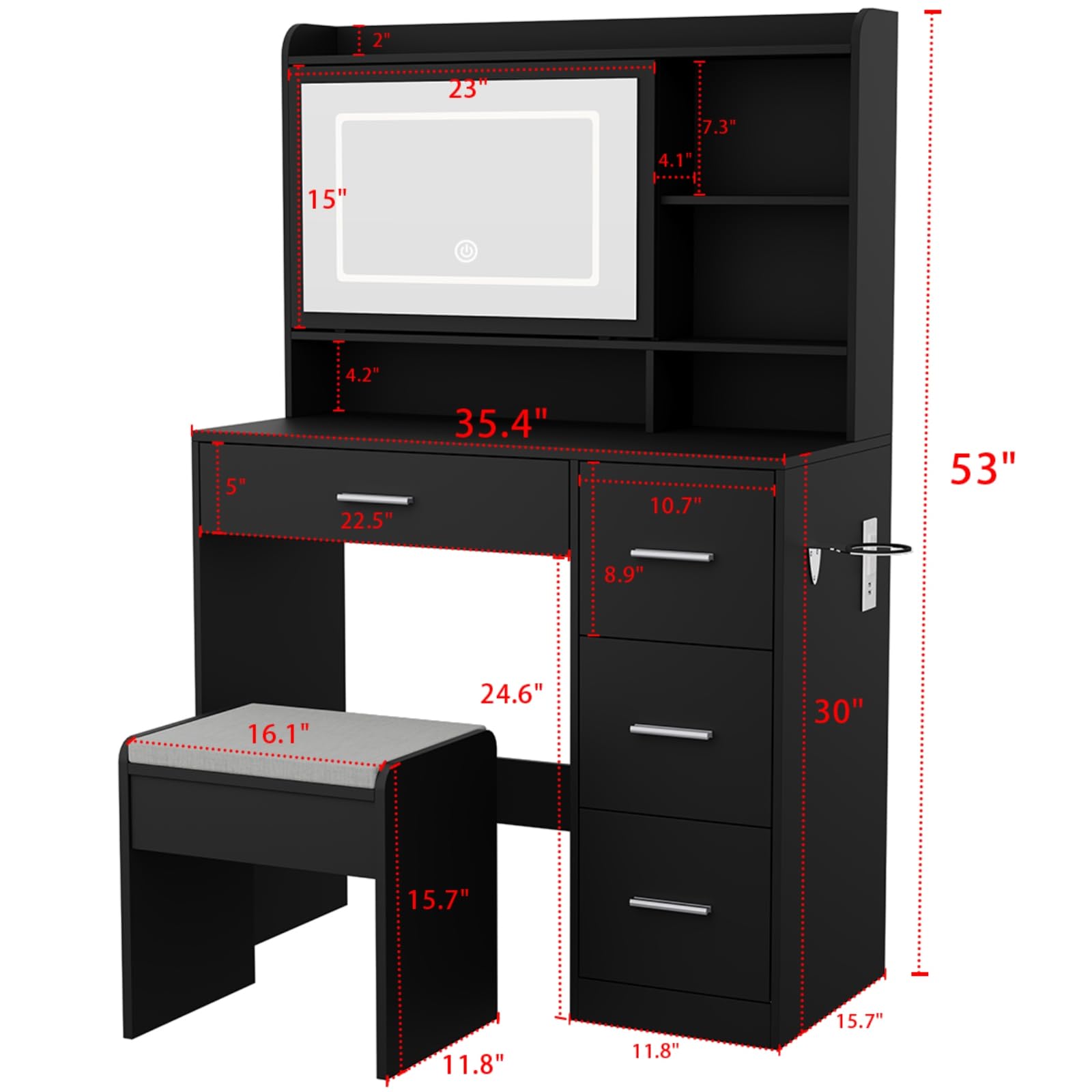 Vanity Desk with Mirror & LED Lights, Adjustable Lighting Modes, Power Outlet & Storage Drawers - Elegant Dressing Table with Stool for Bedroom, Makeup & Beauty (Black) | Perfect for Home Decor, Cosmetics Organization & Vanity Setup