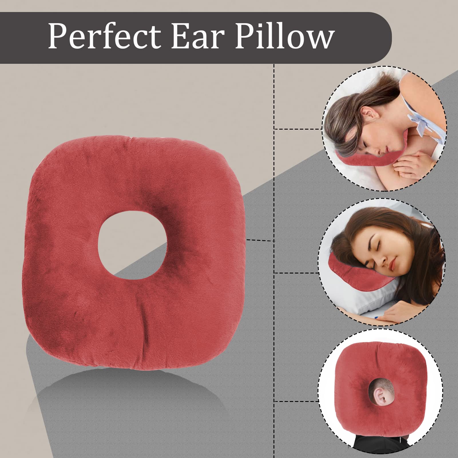 Ear Piercing Pillow for Side Sleepers with Ear Hole - Donut Pillow for CNH, Ear Pain & Inflammation Relief - Pressure Sore Prevention Ear Guard Pillow (Deep Red) - Perfect for Post-Piercing Care & Comfortable Sleep
