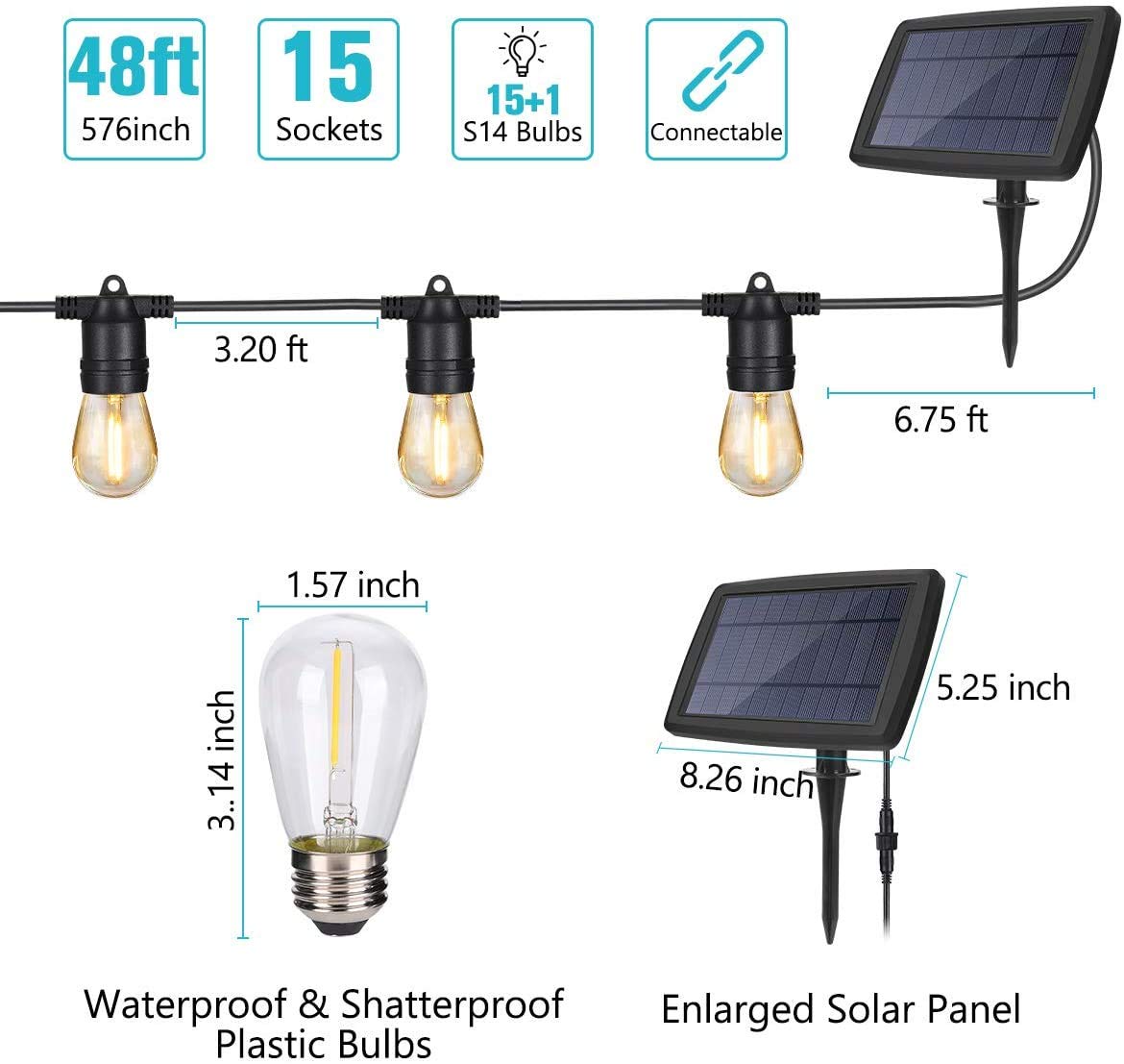 48FT Solar Outdoor LED String Lights - 15 LED Waterproof Fairy Lights for Patio, Porch, Deck, Garden & Party Decor | Weatherproof & Energy Saving